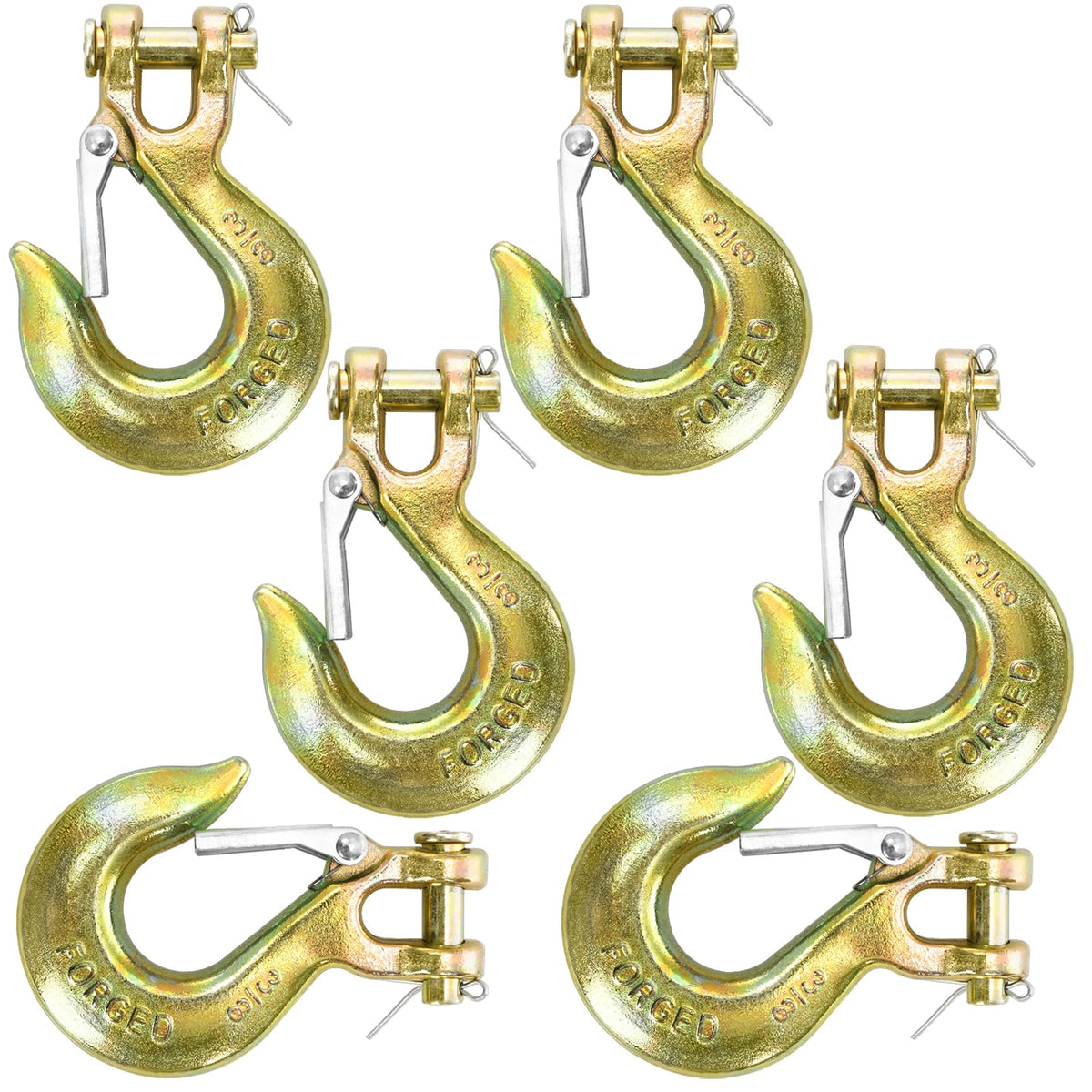 Lawei 6 Pack 3/8 Inch Clevis Slip Hook with Safety Latch, G70 Forged Steel Chain Hooks, Heavy Duty Solid Tow Hook for Truck Trailer Winch Transport, 18,000lbs Capacity, Yellow Zinc Coated Hooks