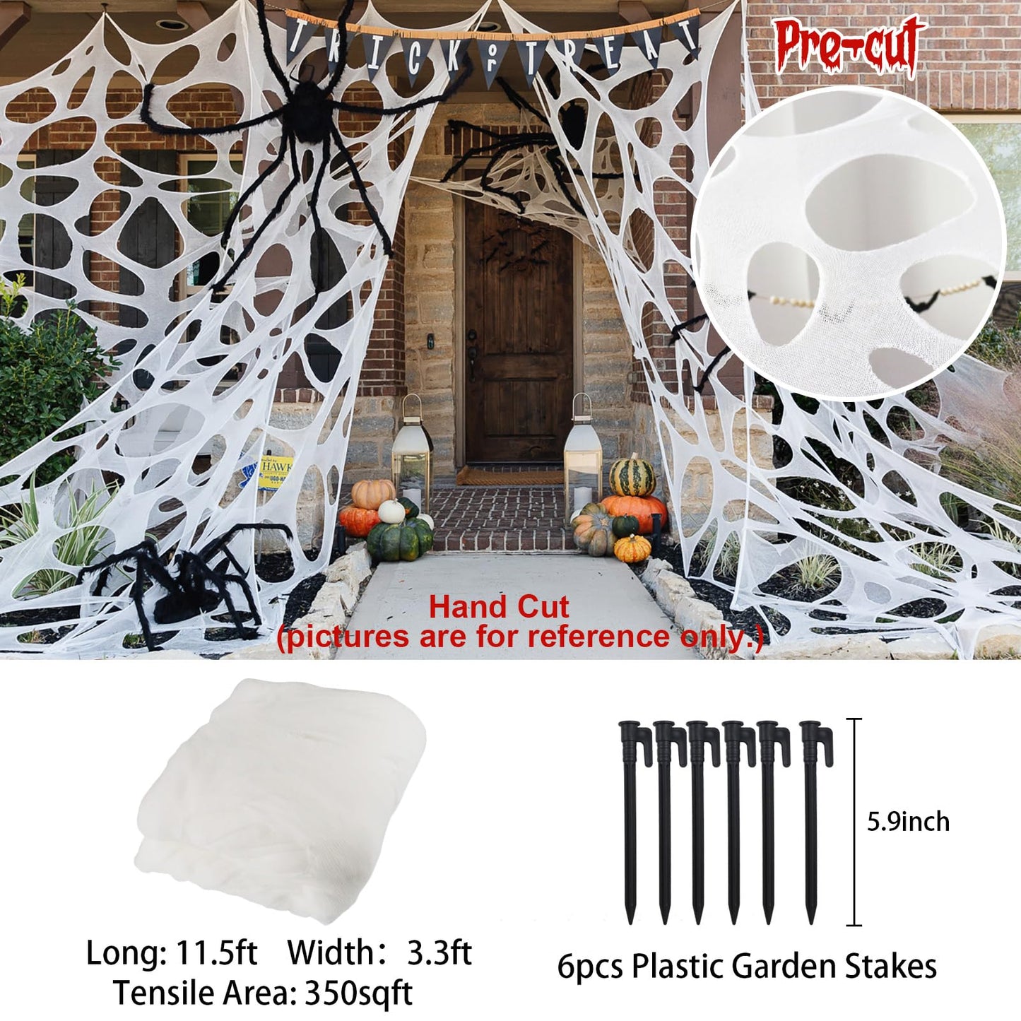 CESOF Giant Beef Netting Spider Web Halloween Decorations, Pre-Cut Spiderwebs Super Stretchy DIY Spider Webbing with Stakes, Gauze Cobwebs for Haunted House Yard Garden Party Outdoor Decor(1)