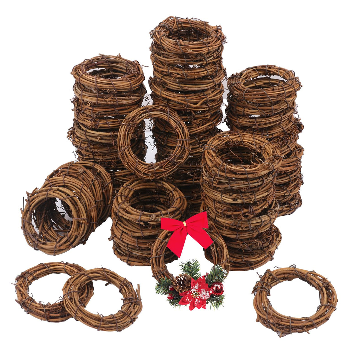 Yiksonyo 70 Pcs 2.4 Inch Natural Grapevine Wreath Set, Natural Rattan Wreath,Hand-Woven 2.4 Inch Vine Branch Wreaths, Perfect for DIY Crafts, Christmas Decorations, and Wedding Supplies