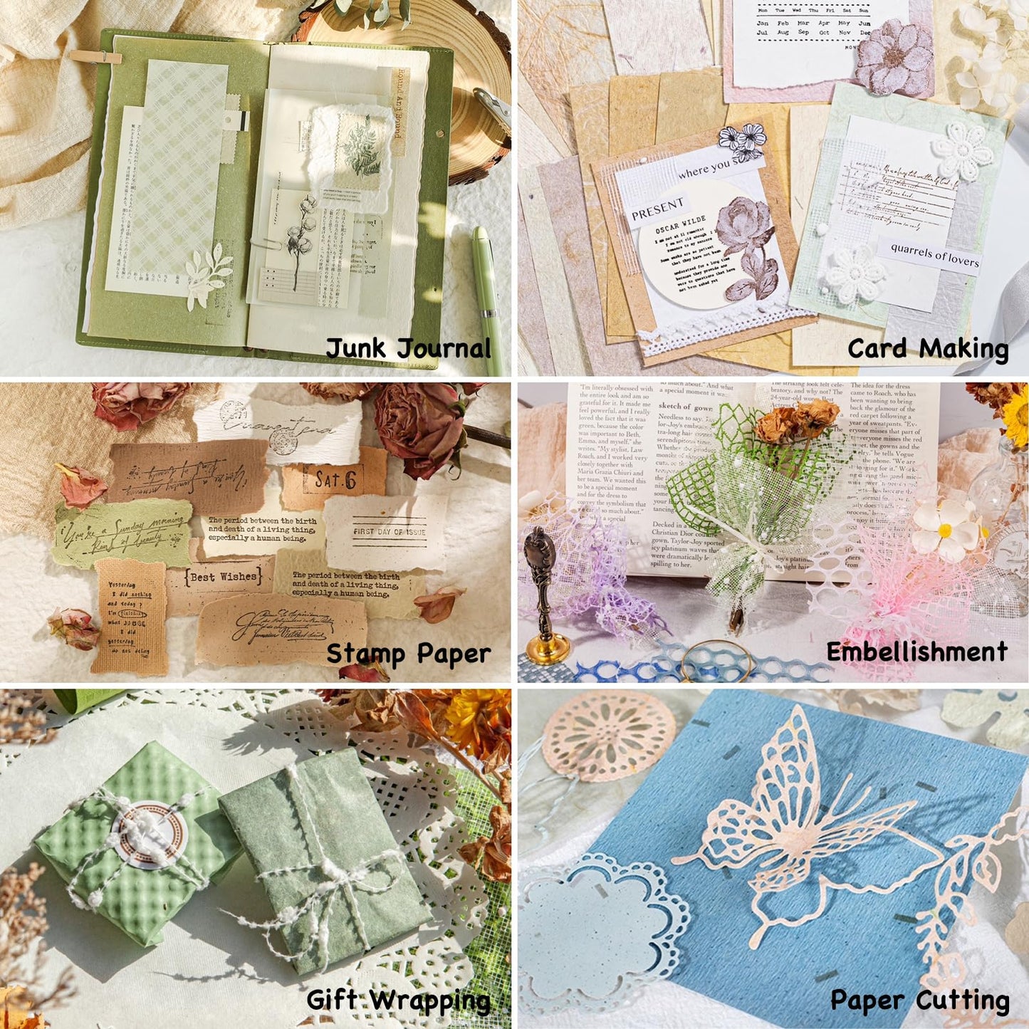 96 Sheets Textured Scrapbook Paper and Mesh Fabric Assorted Set - 6 Pack Mixed Special Paper for Scrapbooking Planner Bullet Junk Journal Supplies Mixed Media Collage Card Embellishments 3.9x5.5 Inch