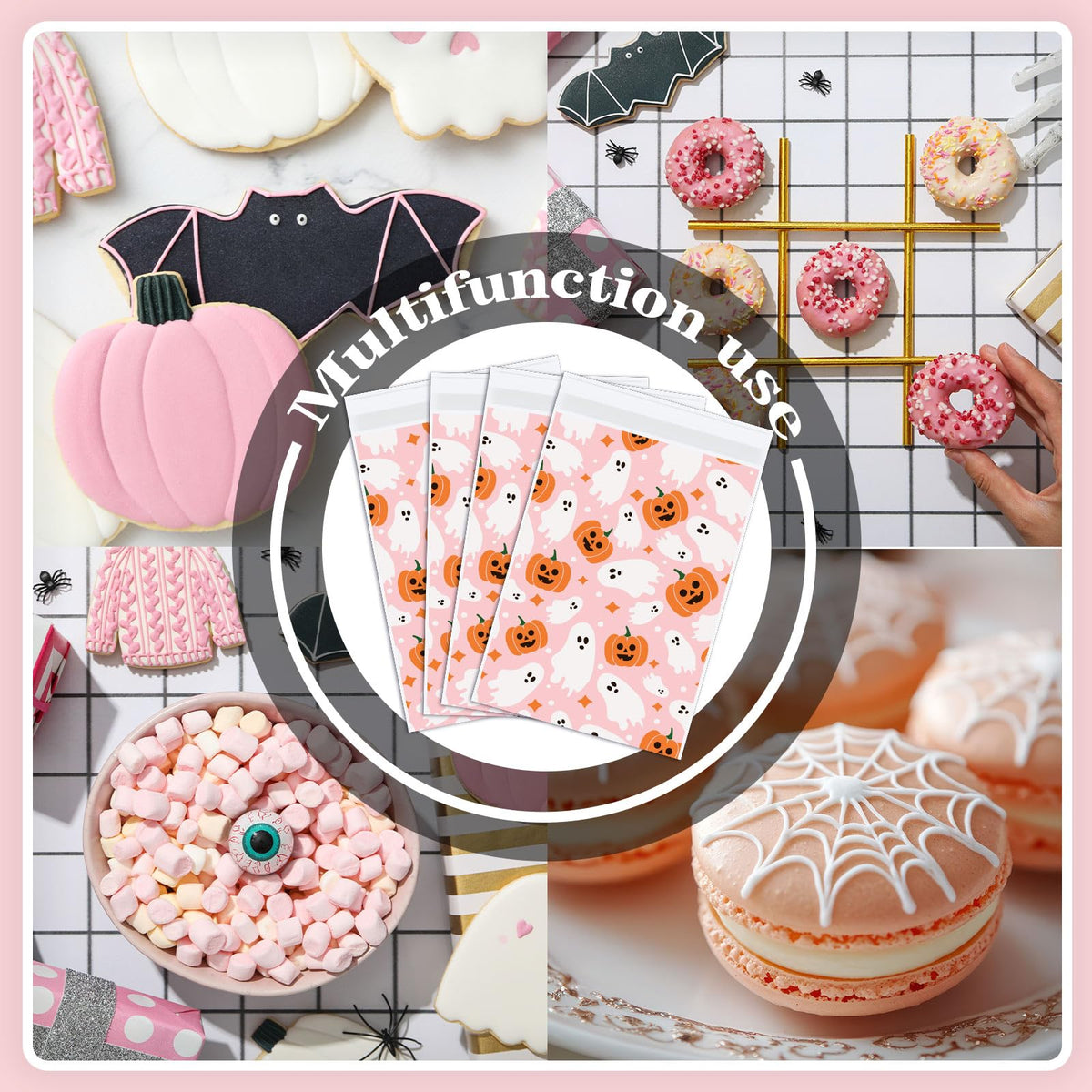Whaline 100Pcs Halloween Treat Bags Self Adhesive Pink-Orange Ghost Pumpkin Candy Goodie Bag Cute Buffet Favor Bag for Trick or Treat Birthday Party Supplies
