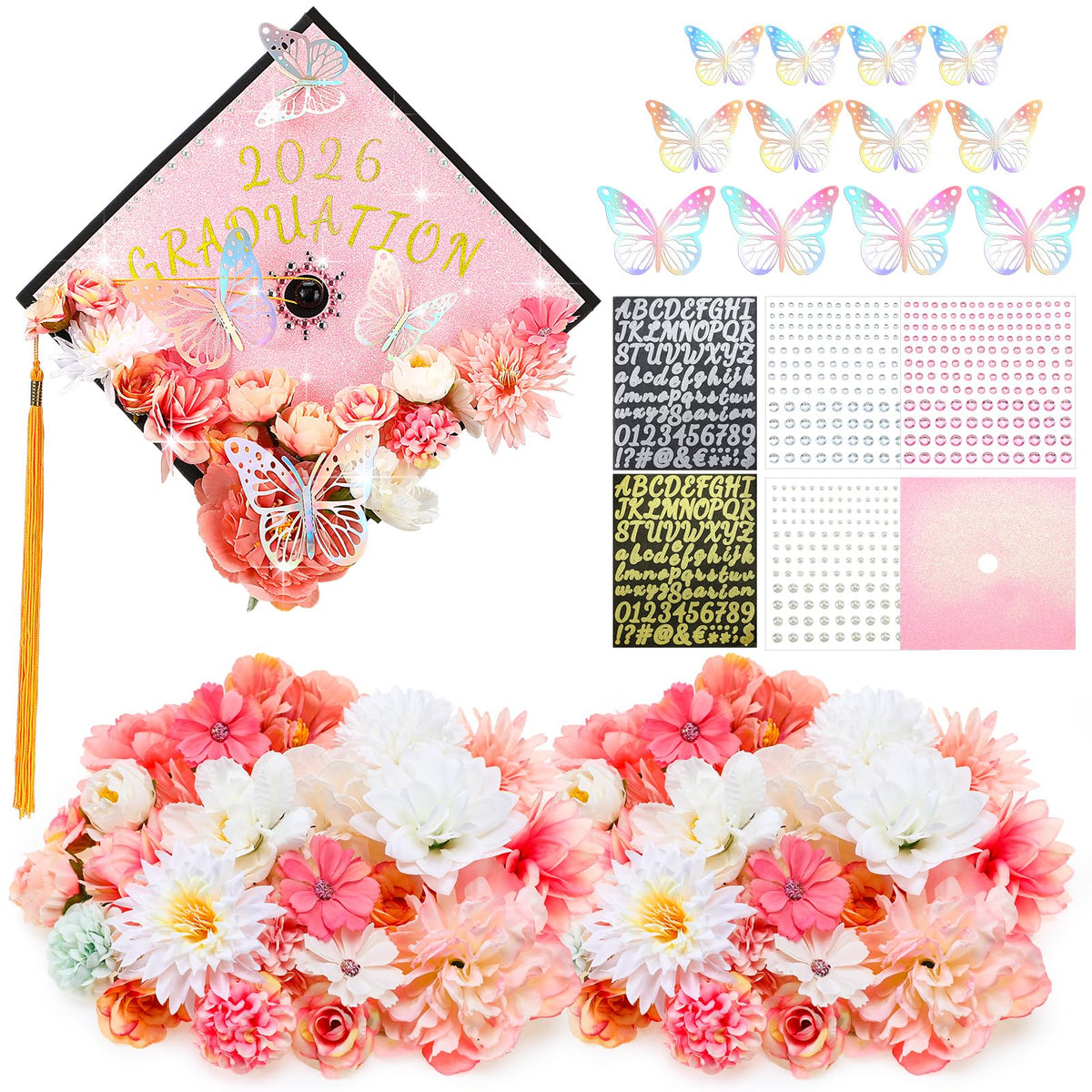 Wavwavw 44 Pcs DIY Graduation Cap Decorations Kit Pink Grad Cap Decorations 3D Artificial Flowers Butterfly Decals Rhinestone Pearl Stickers Letter Stickers Glitter Paper for 2026 Grad Hats Decor