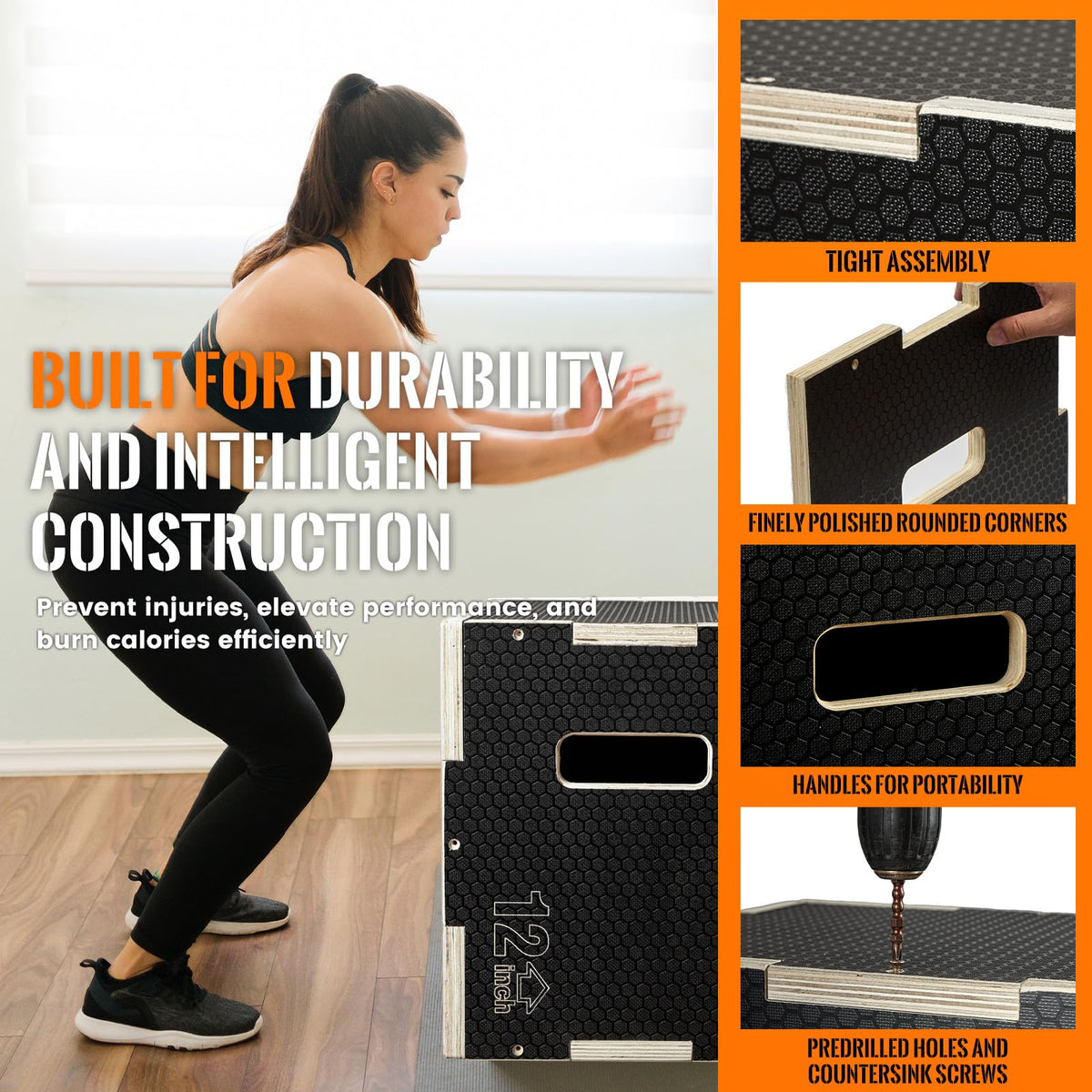 CAELUM 3-in-1 Wooden Plyo Box – Non-Slip Jump Box for Home & Gym, Heavy-Duty 400lbs Plyometric Box for Step-Ups, Squats, Strength & Agility Training 16" x 13" x 12"
