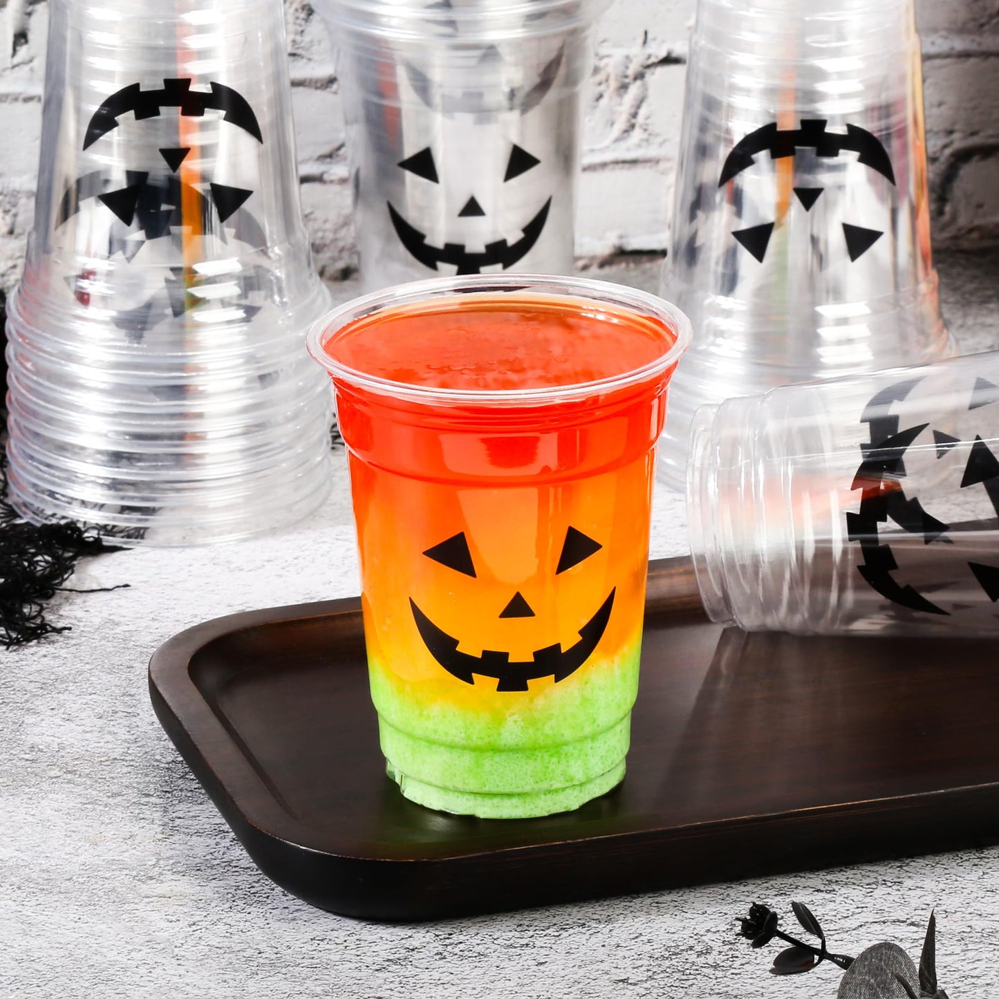 Pumpkin Face Plastic Cups Halloween Scary Disposable Party Cup Jack O Lantern 12oz Clear Cups for Candy Beverage Snacks October Trick or Treat Party Supplies (50)