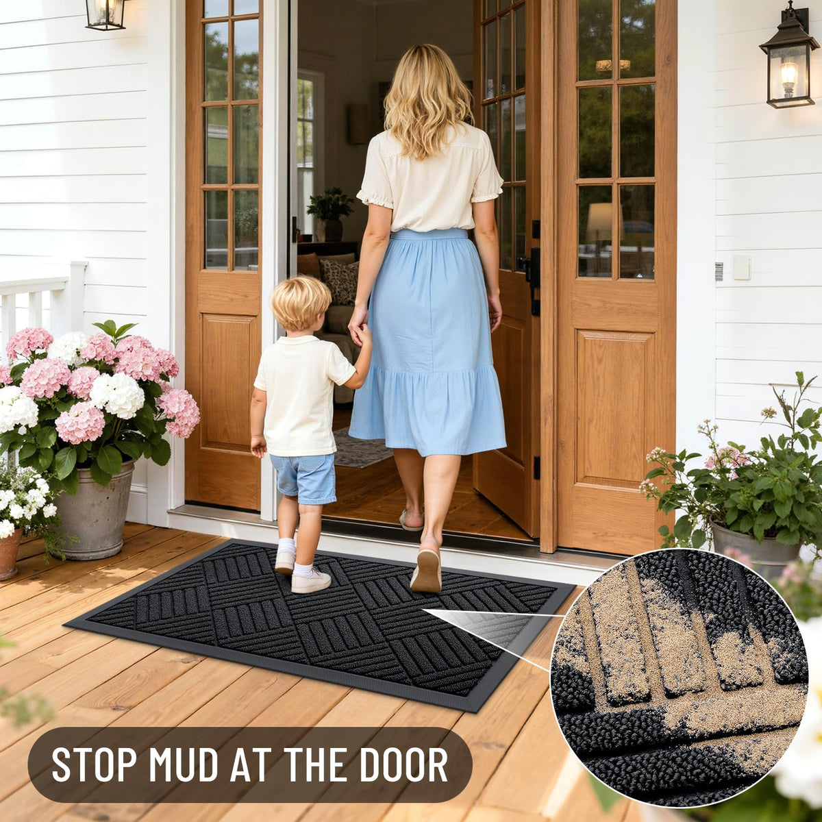 OLANLY Front Door Mat Outside Entrance 29.5x17, Absorbent, Heavy Duty Sturdy Natural Rubber Doormat Indoor Outdoor, Stain and Fade Resistant, Non-Slip Low Profile Floor Mat for Entryway, Black Diamond