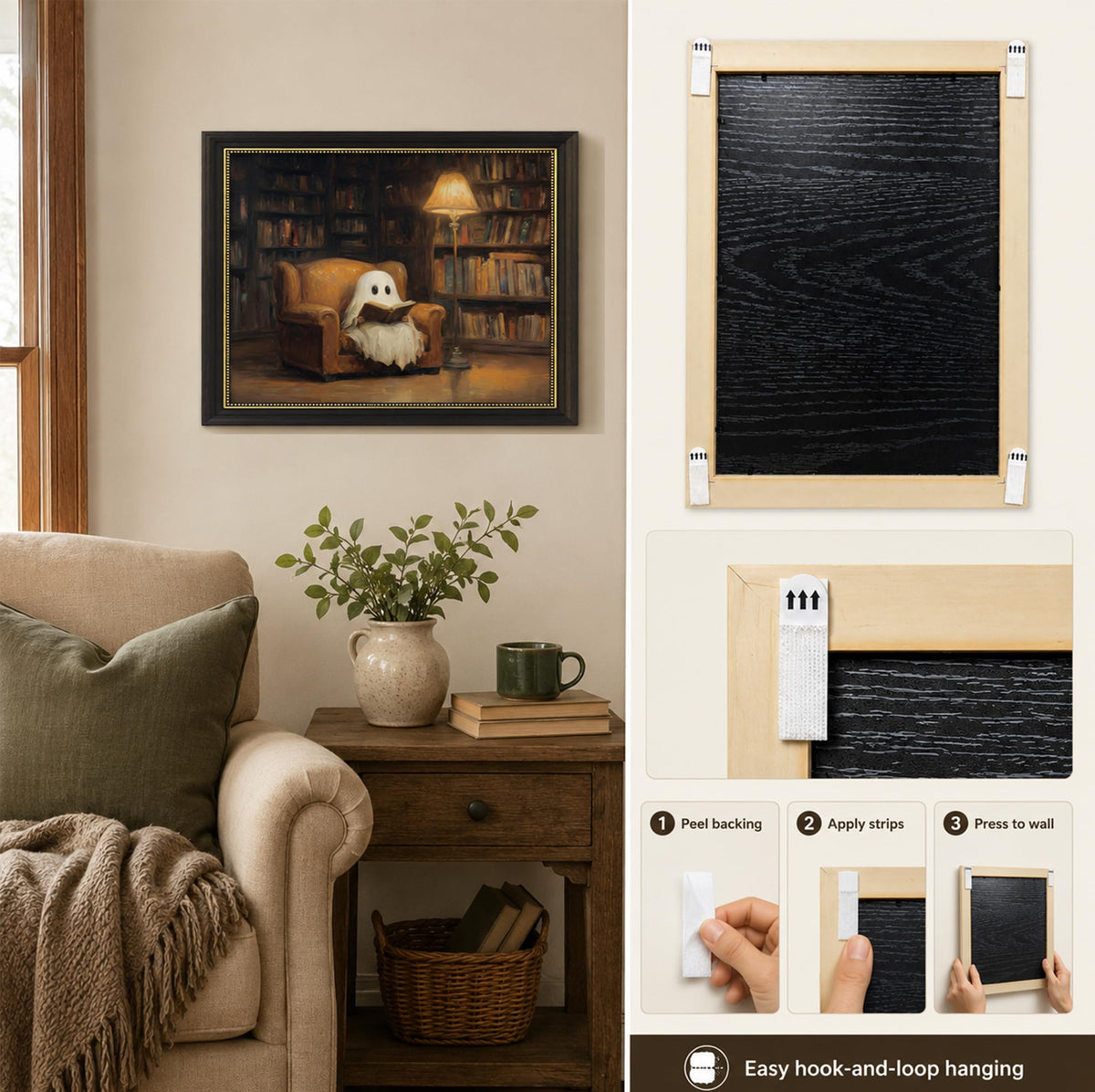 Vbaourut Framed Halloween Ghost Wall Art, Moody Reading Ghost Canvas Painting, Dark Academia Library Poster with Dark Brown Frame and Upgraded Hook and Loop for Study, 9x11 in