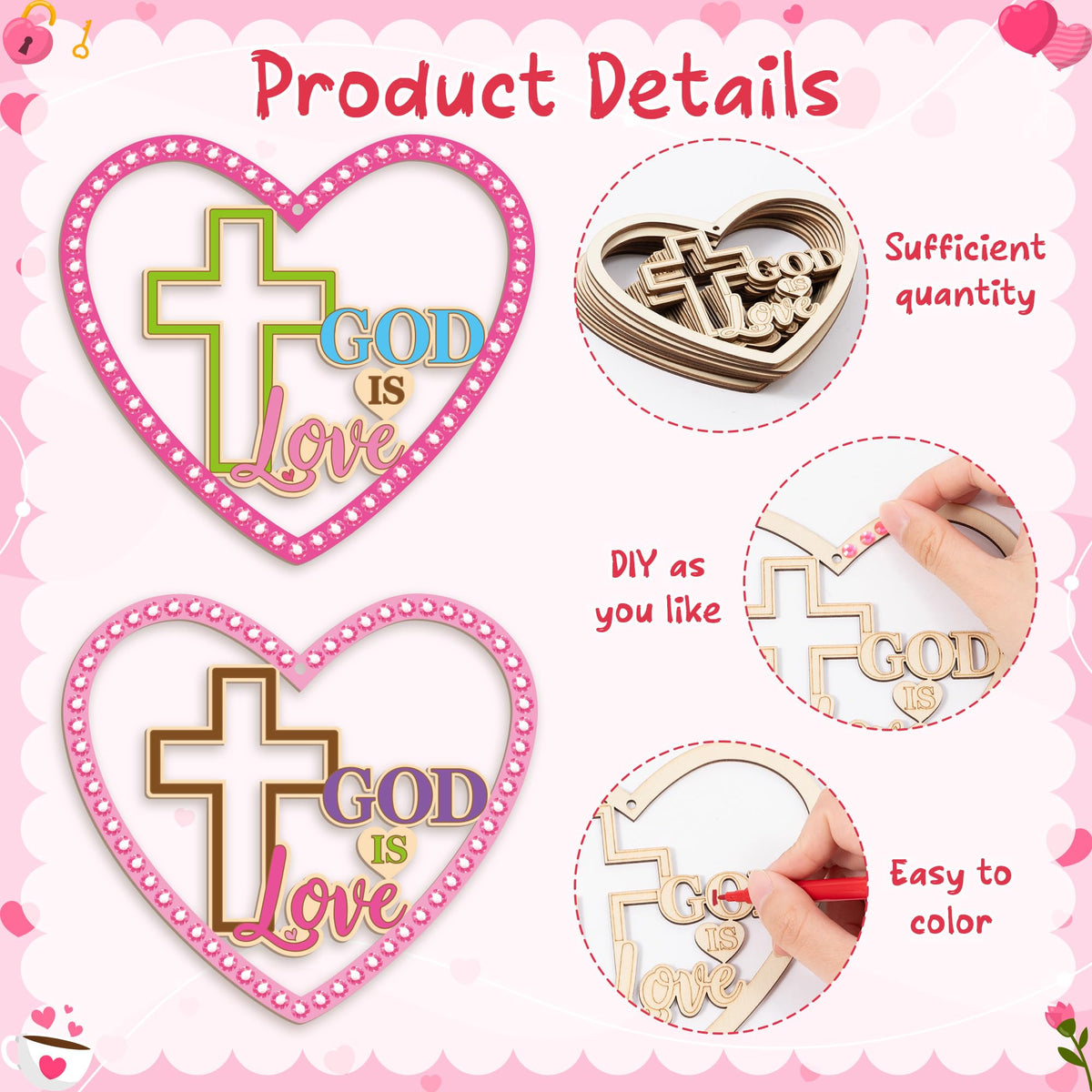 BeYumi Valentines Wooden Ornament Craft - 20Pcs Valentine's Day DIY Wooden GOD is Love Ornaments Craft Kit for Kids Make Your Own Religious Cross Decor with Gem Stickers Church School Party Supplies