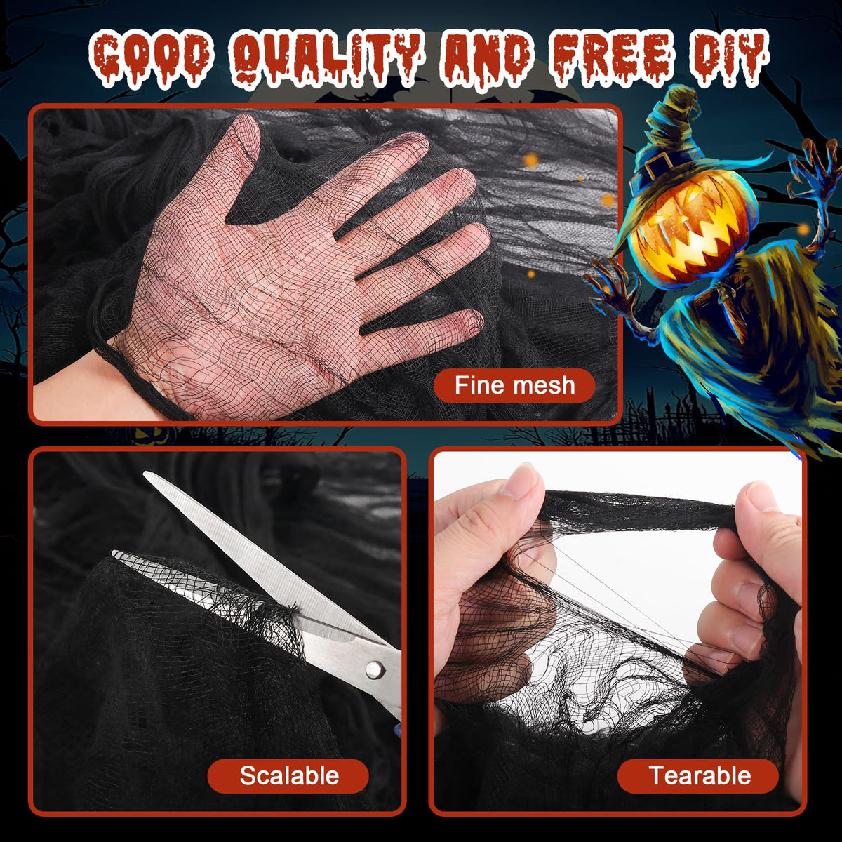 500" x 80"Halloween Creepy Cloth Black Large Spooky Fabric Cloth Halloween Decorations Outdoor for House, Window Backdrops, Garden Party Supplies, Yard, Tree, Wall Art