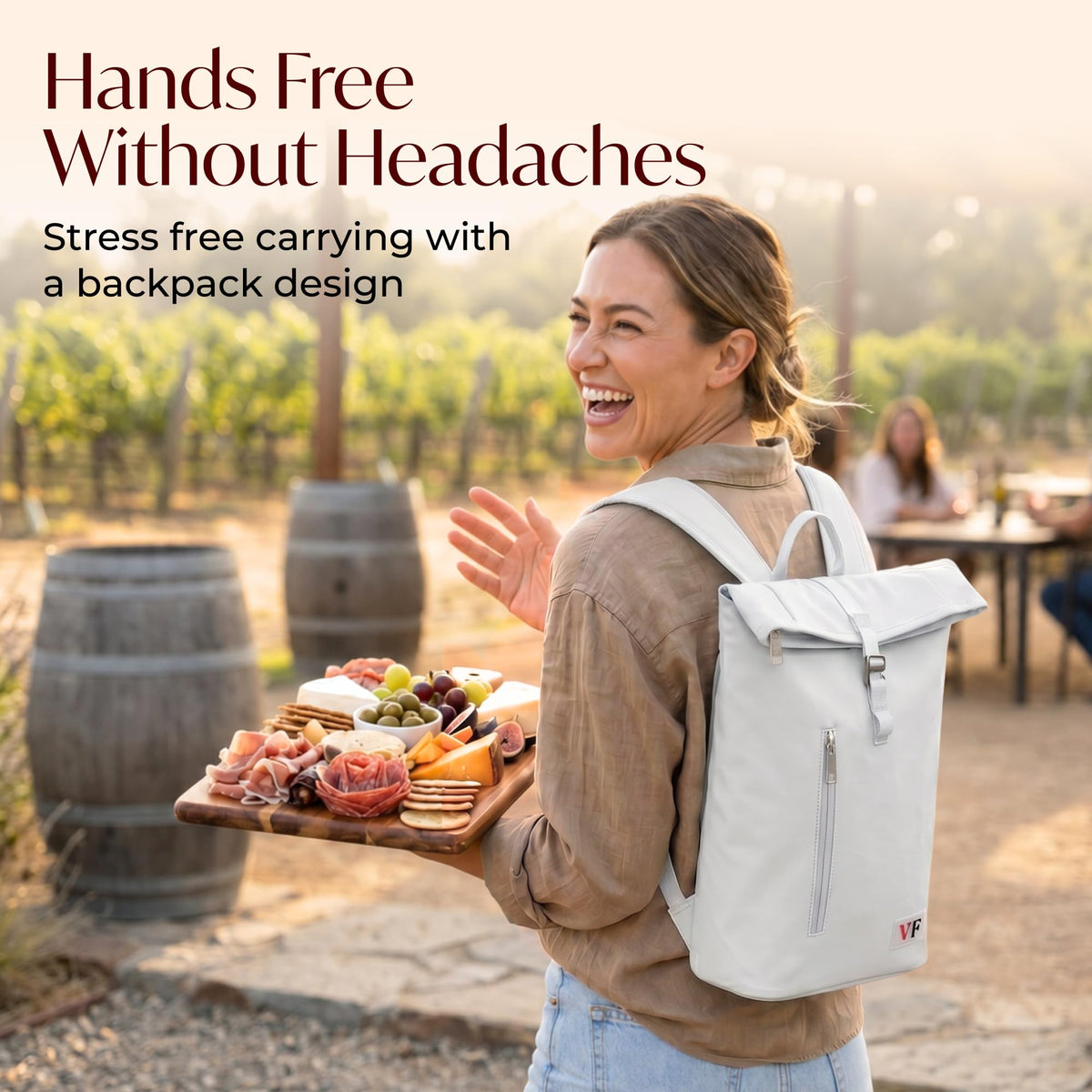 VIN FRESCO Two Bottle Rolltop Wine Tote Bag – Stylish PU Leather Backpack with Matching Tumblers – Wine Carrier with Padded Straps and Compartments for Travels & Picnics (Gray)