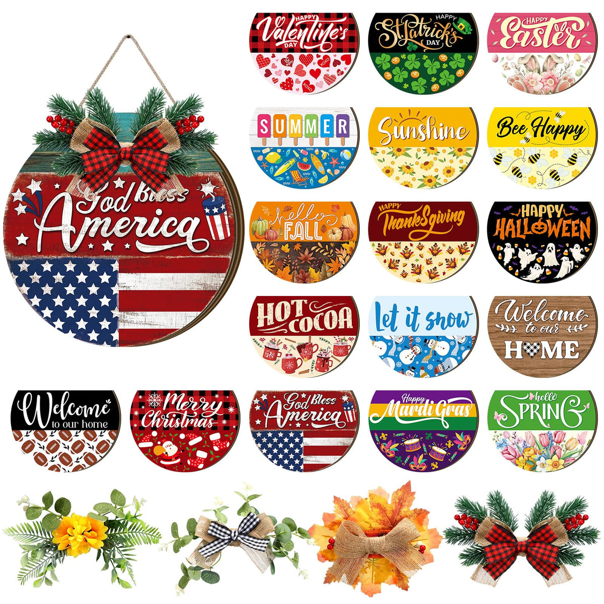 Vicenpal 22 Pcs Interchangeable Welcome Sign for Front Door with 17 Magnetic Icon Wooden Seasonal Front Porch Door Decor with 4 Seasonal Wreath for Holiday Halloween Christmas Gift(Blue,Rustic)