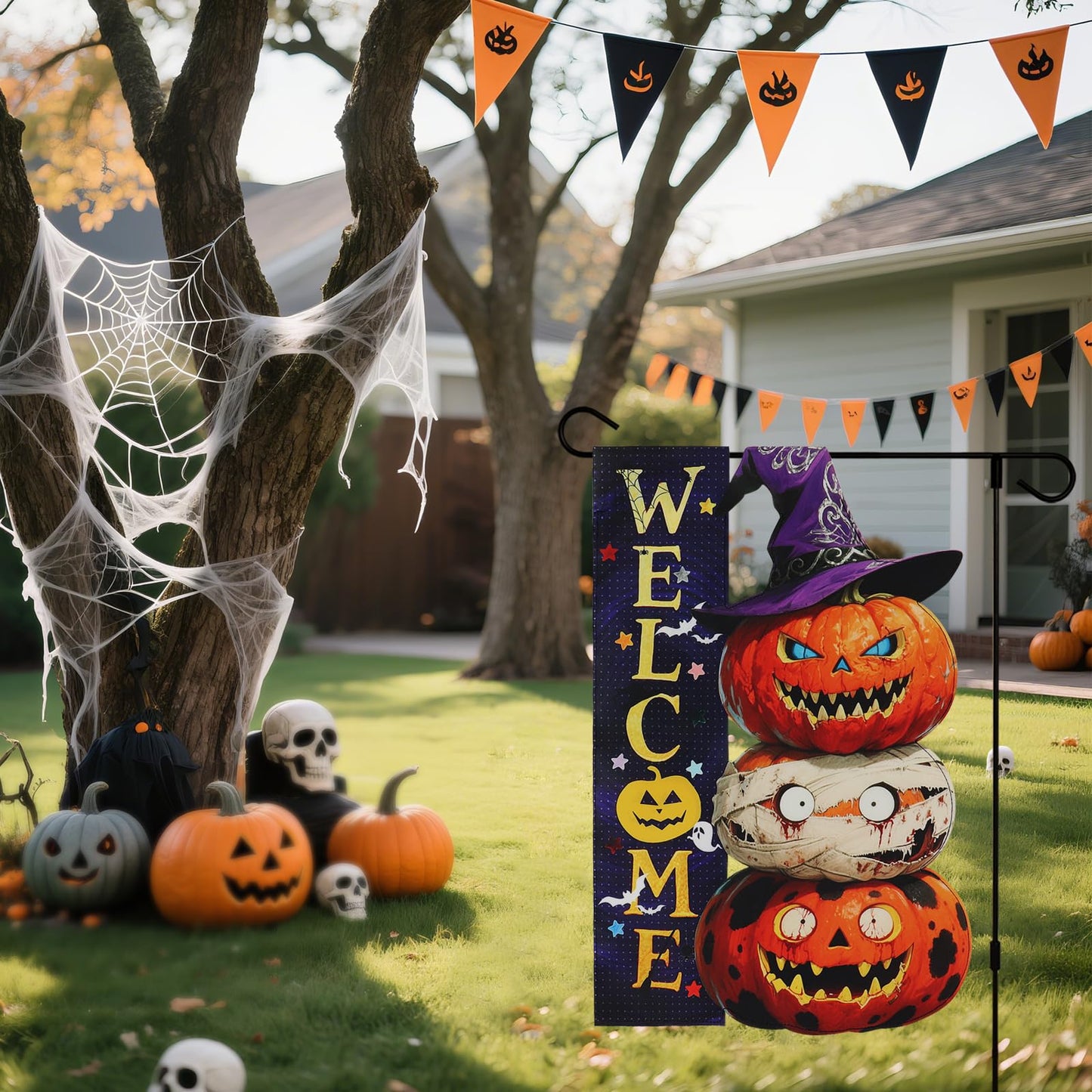 Halloween Pumpkin Monster Garden Flags 12x18 Inch Double Sided, Welcome Funny Small Yard Flags for Outside, Farmhouse Front Porch Outdoor Fall Decor Holiday All Seasons Decoration