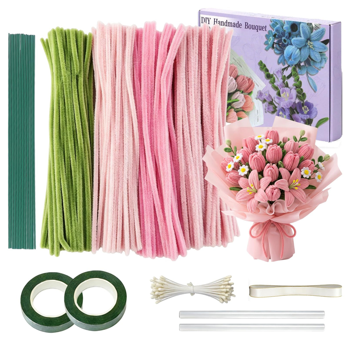 houlishu 400 Pcs Pipe Cleaners Craft Kit - 300 Pink 100 Green Chenille Stems with Floral Wires Stamens Ribbon Adhesive Tapes for DIY Flower Making