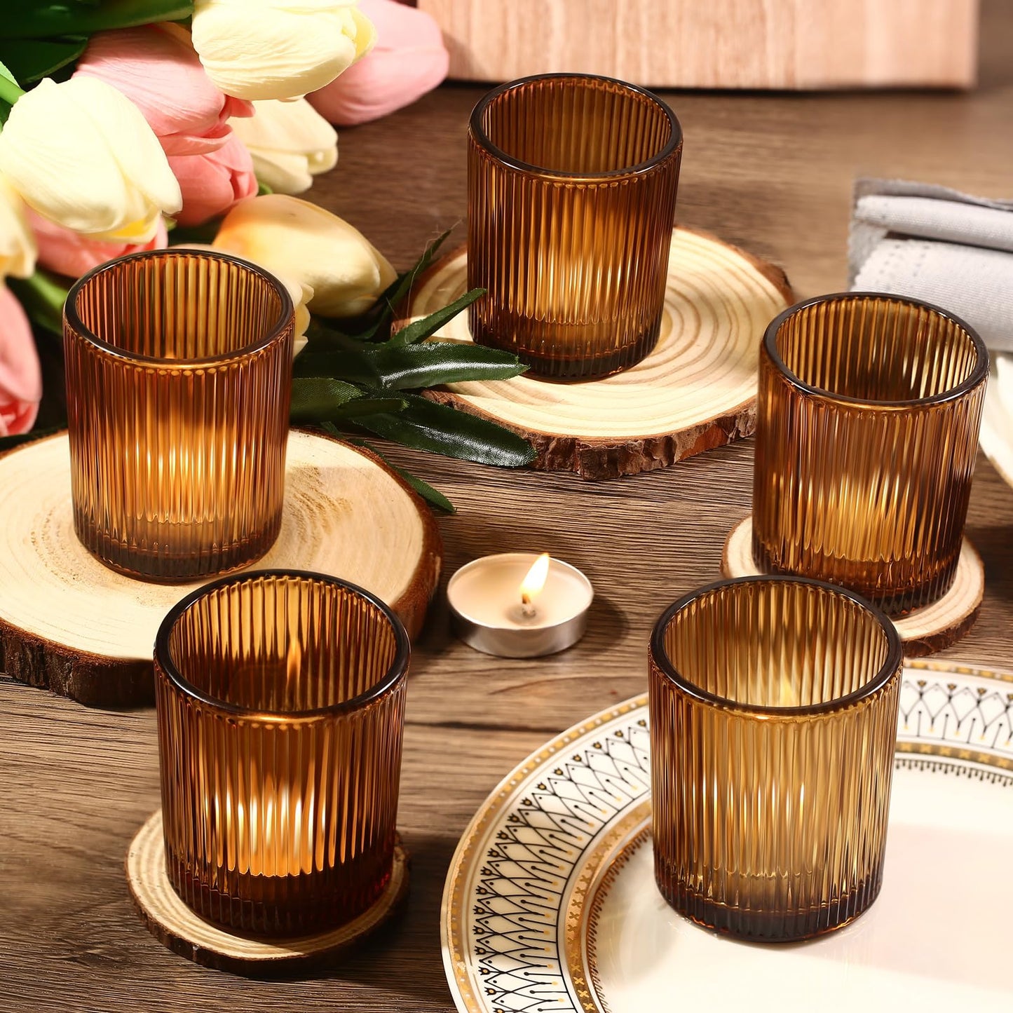 24 Pack Amber Votive Candle Holders Thanksgiving Decor, Glass Small Tea Lights Candle Holders for Table Centerpiece for Home Decor Party Fall Boho Decor(24,Amber)