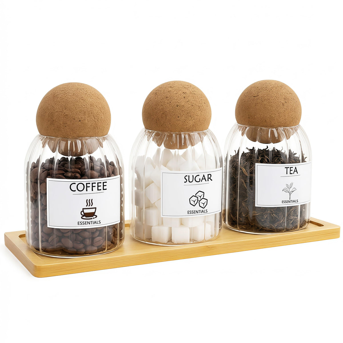 GYOSUGANG Glass Jar Storage Container with Ball Cork, 3PCS Round Glass Canisters with Tray & Labels, Small Glass Jars for Food Sugar Candy Coffee Tea Nuts - Style 2(500ml/17oz)