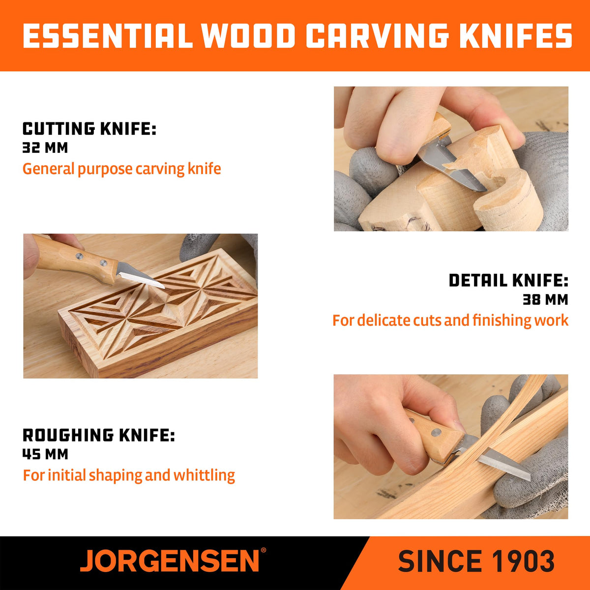 Jorgensen 3-Piece Wood Carving Tools, Stainless Steel Whittling Knife Set with Canvas Pouch, Protective Blade Cover, Ergonomic Curved Handle - Professional Wood Carving Kit for Beginners