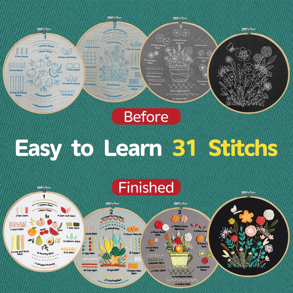 Meyocky Embroidery Kit for Beginners, 4 Pack Starter Embroidery Kits for Adults Learn 31 Stitches with Simple Patterns, Step-by-Step Video Stitch Practice Sampler Kit,Gift for Women Craft Lovers