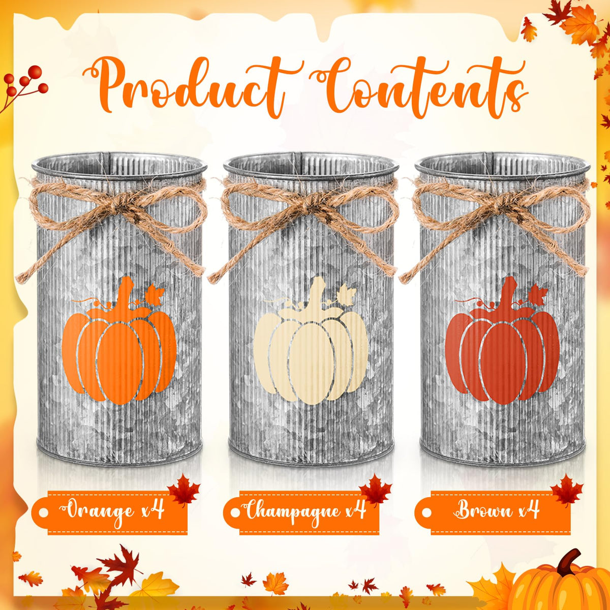 Domensi 12 Pcs Fall Table Centerpiece Pumpkin Vases Thanksgiving Decor Galvanized Metal Vases for Flowers Farmhouse Mason Jars Utensil Holder for Fall Home Thanksgiving Autumn Harvest Decorations