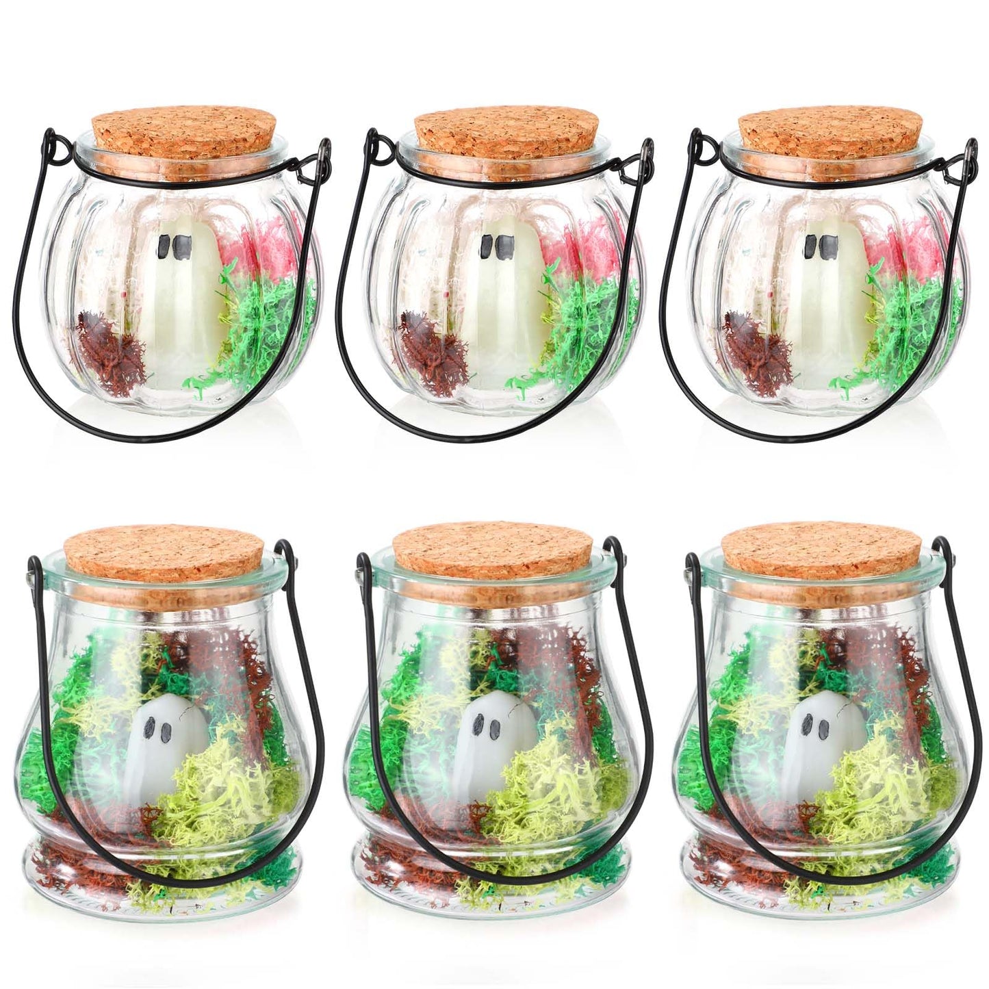 HyDren 6 Set Halloween Pet Ghost in a Jar Adopt a Ghost Glows in the Dark Pet in a Bottle with Moss Luminous Figurines in Glass Spooky Decor Creepy DIY Craft Gift Halloween Party Favor, 3.74 x 3.34In