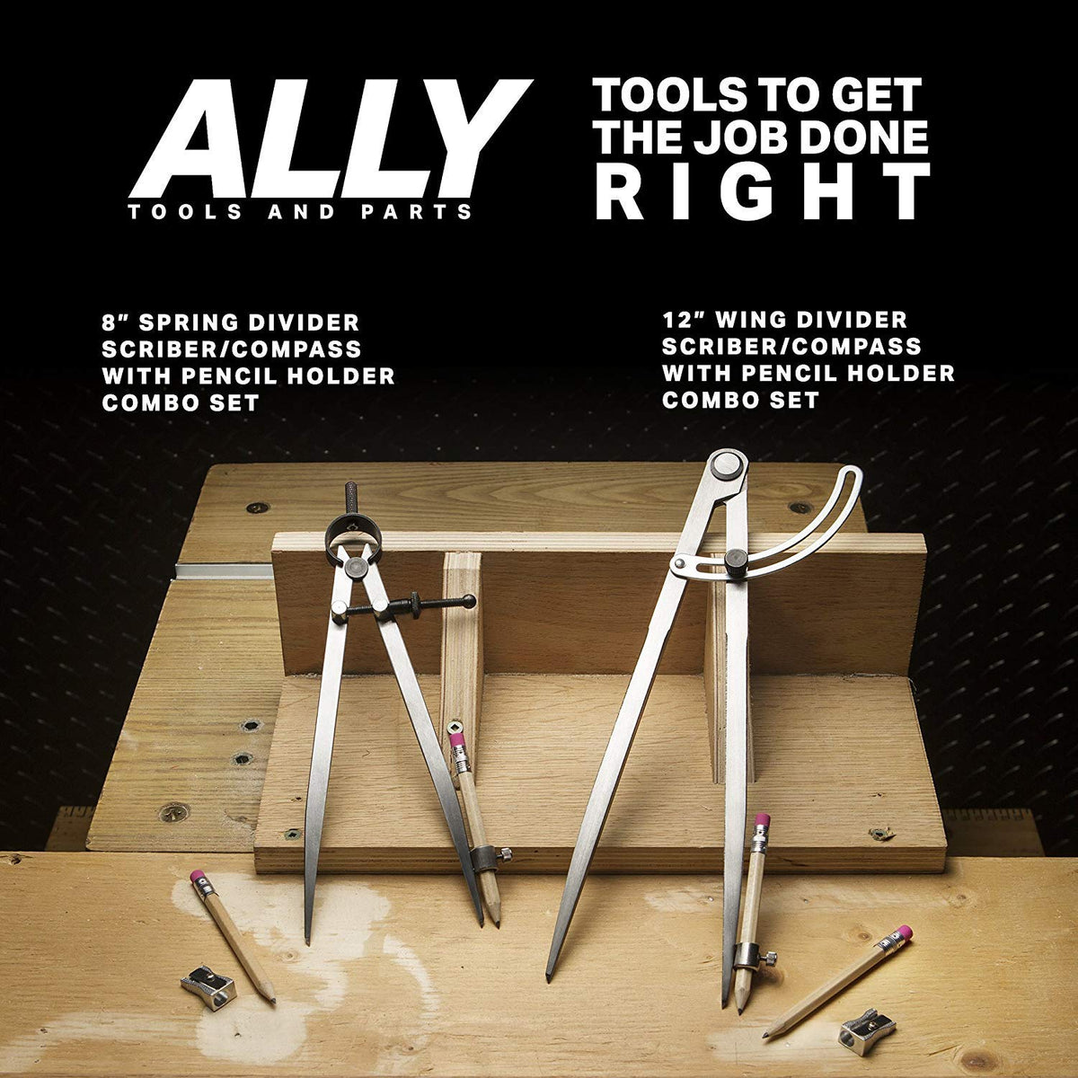 ALLY Tools 12 Inch Precision Locking Wing Divider/Woodworking Compass with Pencil Holder INCLUDES Two Pencils and Pencil Sharpener Ideal for Drawing, Drafting, Carpentry