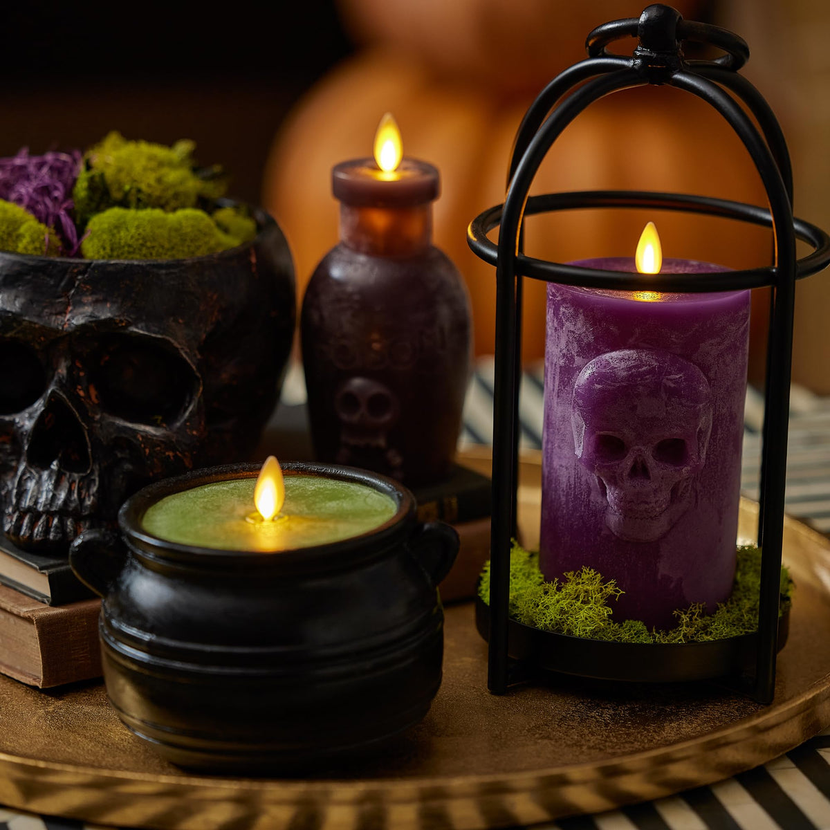 Luminara Green Potion Flameless LED Candle Cauldron Frosted Matt Black Painted Halloween Decoration Moving Flame Candle 5.7" x 4.25"