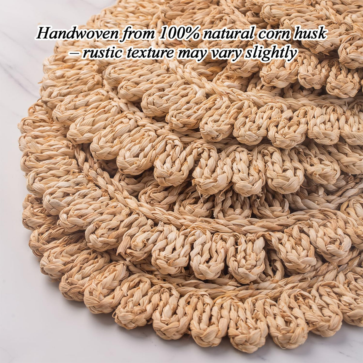 Laquedecraft 13.8" Set of 6 Round Corn Husk Placemats | Boho Woven Rattan Table Mats | Farmhouse Wicker Spring Plate Chargers Like Water Hyacinth, Seagrass for Wedding, Party, Christmas, Events