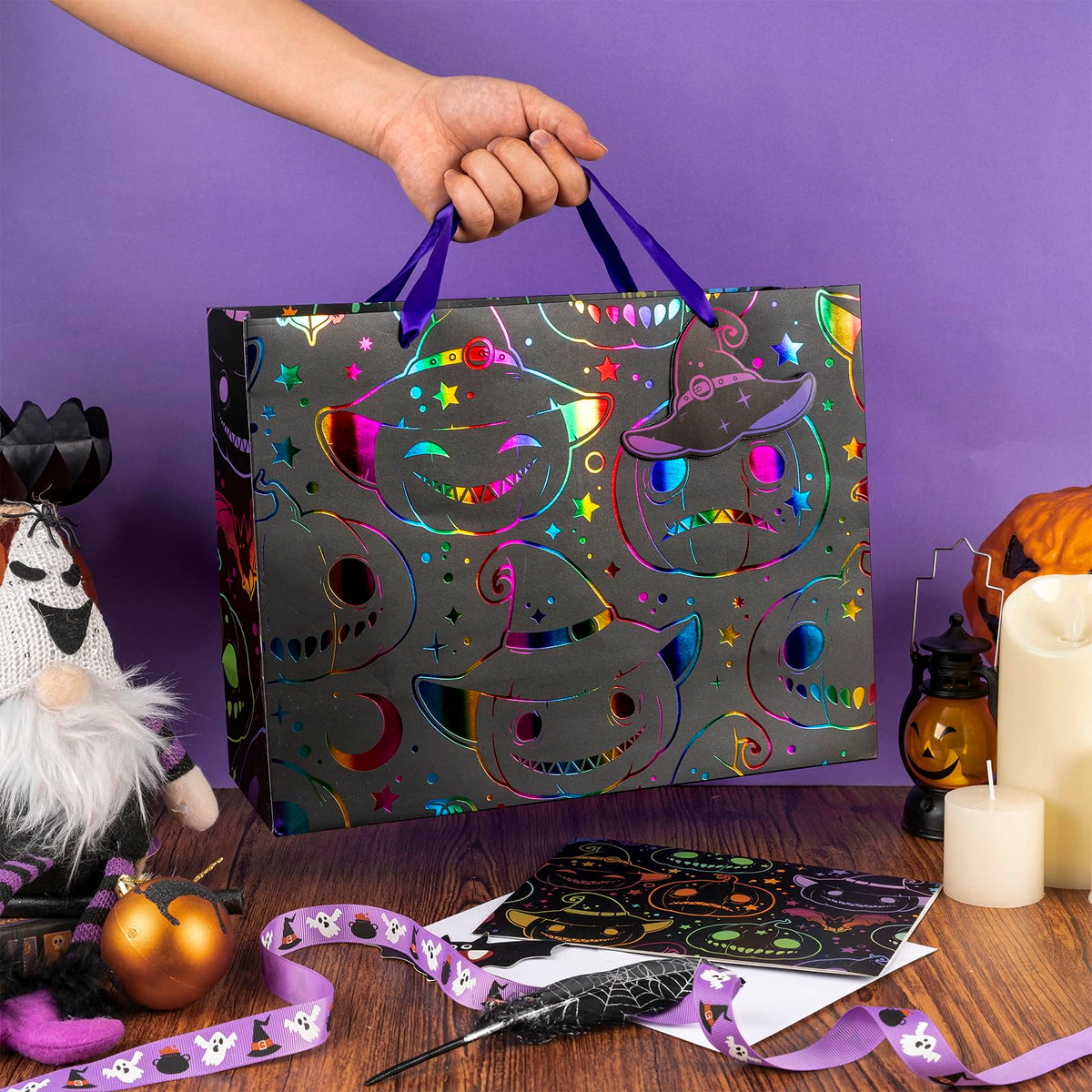 LeZakaa Pink Halloween Wrapping Paper Roll 13" Gift Bag with Tissue Paper, Gift Tag, and Card, Evil Pumpkin Fluorescent Black Design