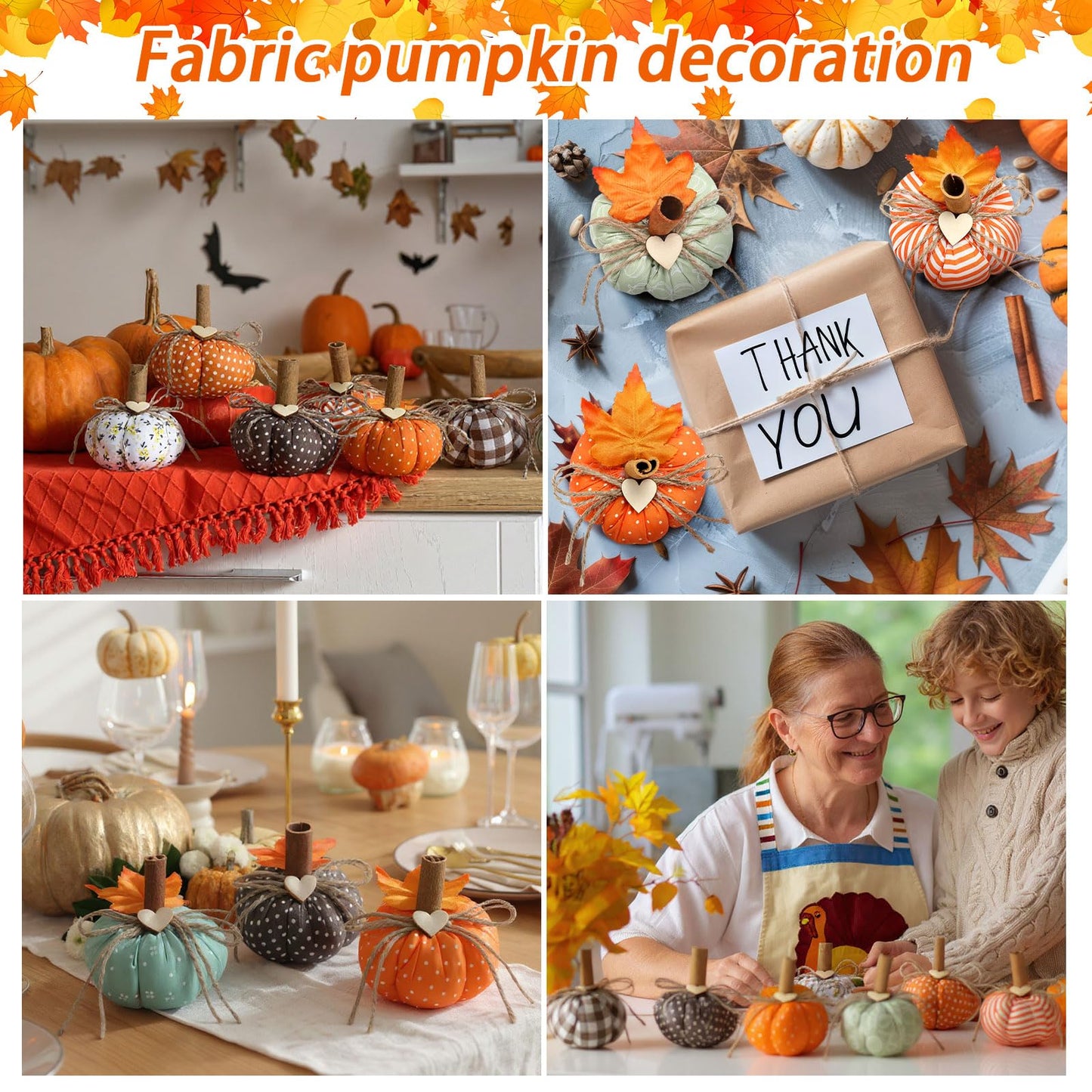 Geelin 8 Pcs Fall Fabric Pumpkin Decor Artificial Pumpkin for Decorating Thanksgiving Farmhouse Harvest Decoration with Maple Leaves Autumn Tray Table Centerpiece Decor Thanksgiving Tree Decoration