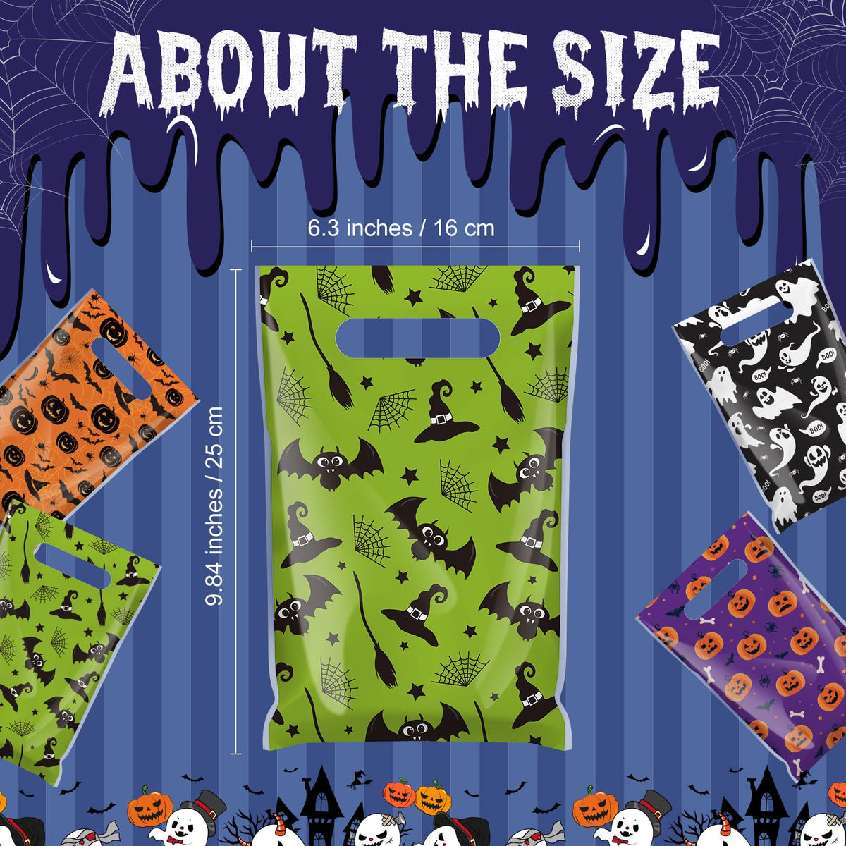 Gilprop 48 Pcs Halloween Plastic Gift Bags Ghost Pumpkin Bat Party Favor Bags Halloween Goodie Treat Candy Pouches with Handle for Party Supplies Gift Wrap