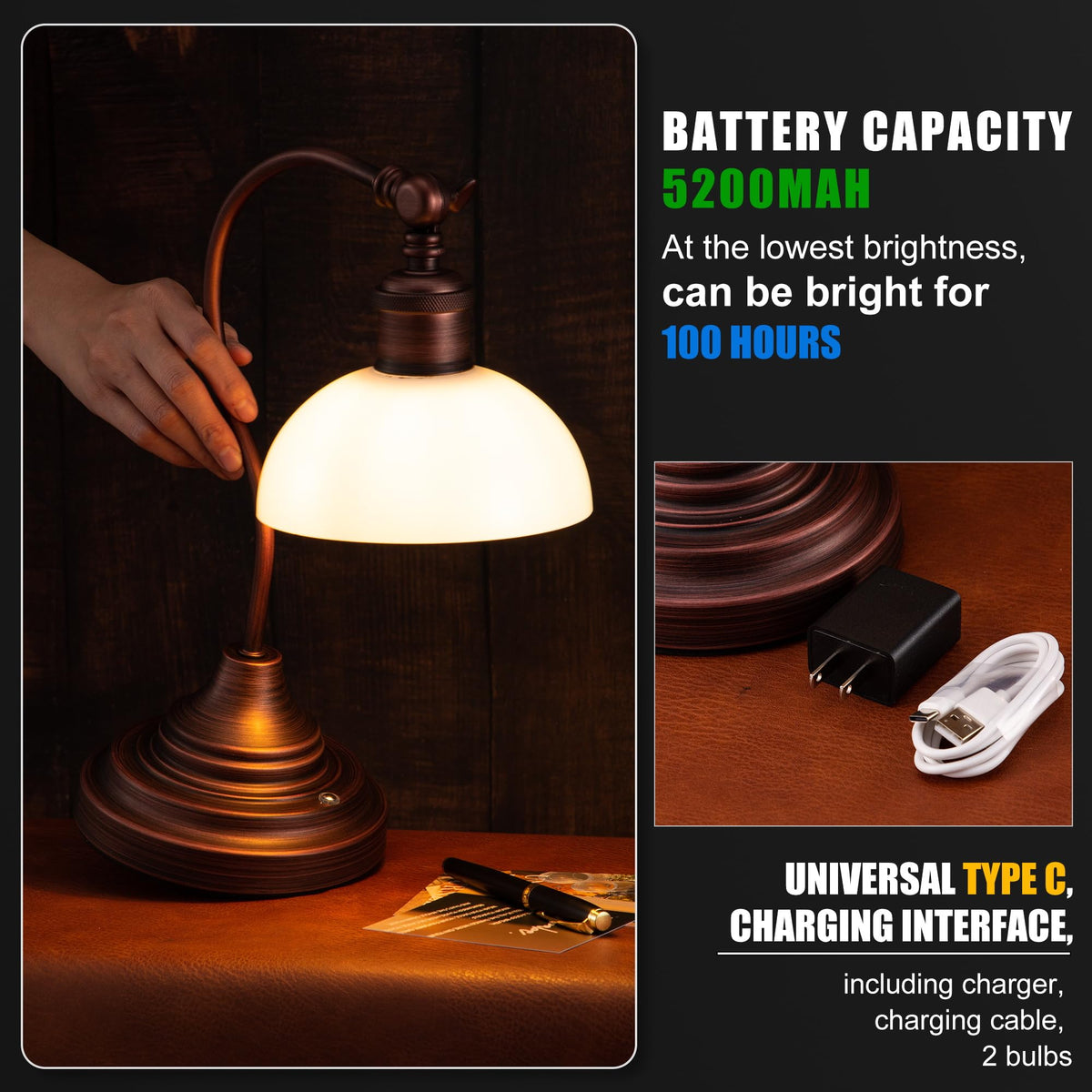 Anxingtools Cordless LED Table Lamp, Rechargeable, 3-Level Dimming, USB-C Charging, 180? Swivel Head, Oil Rubbed Bronze-White Glass