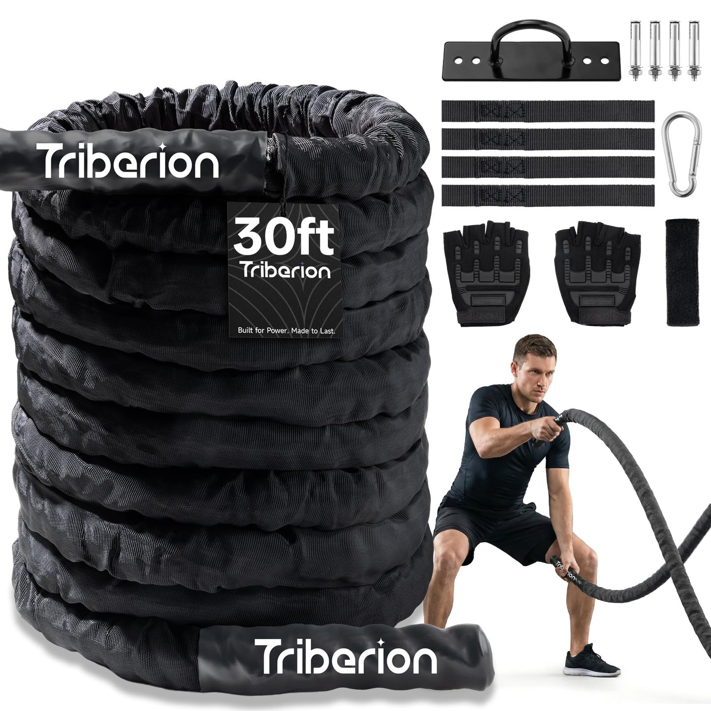 Battle Rope for Home Gym Workout - 1.5 Inch 30ft Heavy Weighted Training Exercise Ropes Fitness Equipment with Sleeve and Anchor Strap Kit for Outdoor Working Out