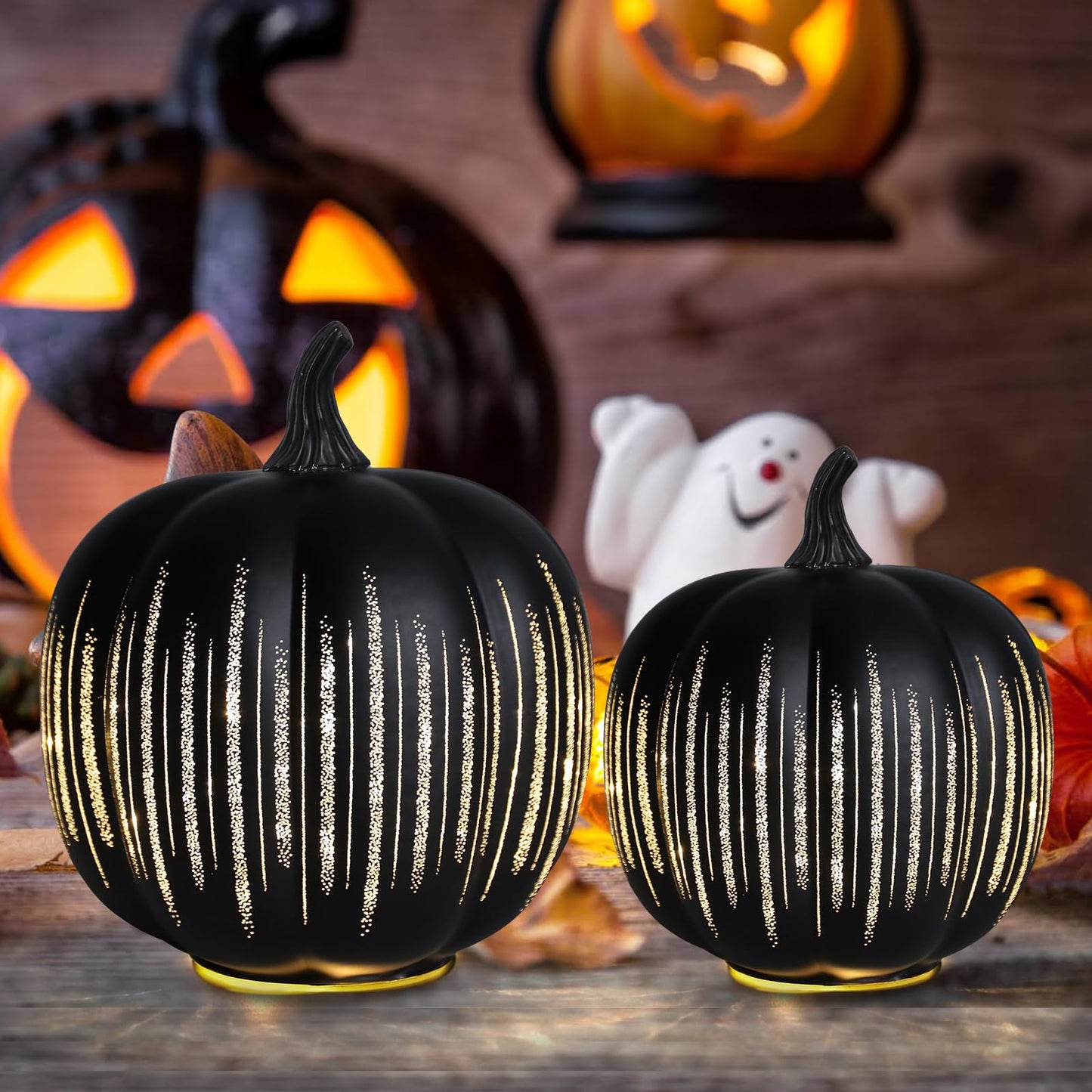 Halloween Decorations Indoor Halloween Pumpkins Illuminated Starry Night Fall Glass Pumpkin for Thanksgiving Fireplace Tabletop Party Home Bedroom Decor Gift 2 Pack
