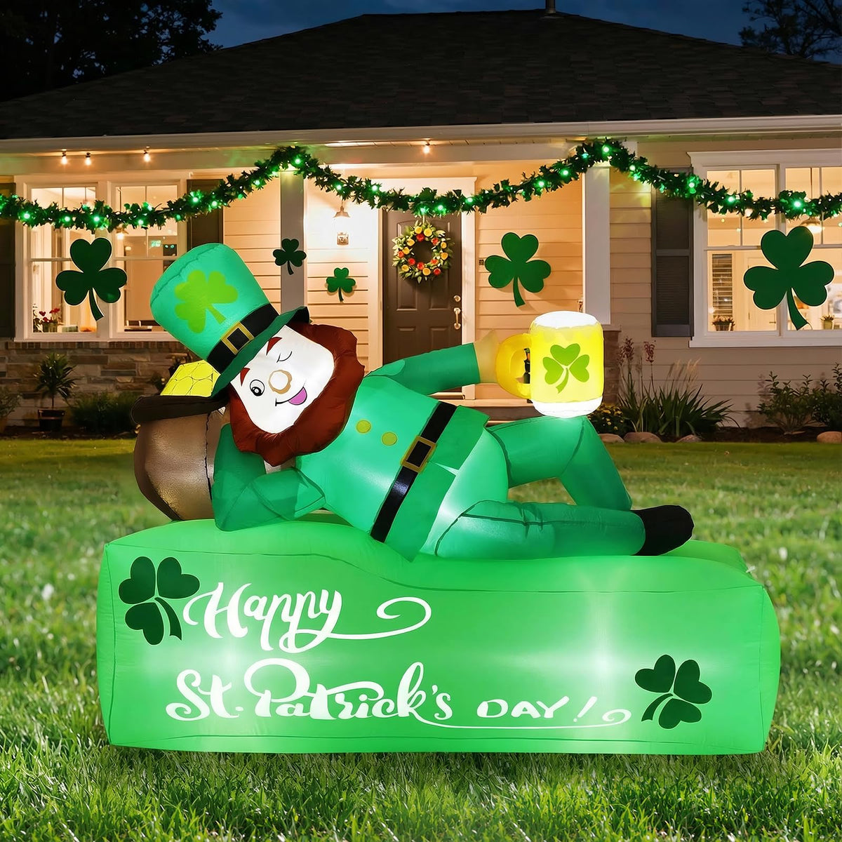 Lewondr 5.9FT St Patricks Day Inflatable Outdoor Decorations, Inflatable Leprechaun Lay on The Bed with Shamrocks, Blow up Yard Decoration with 6 Build-in Lights for Holiday Party Yard Lawn Garden