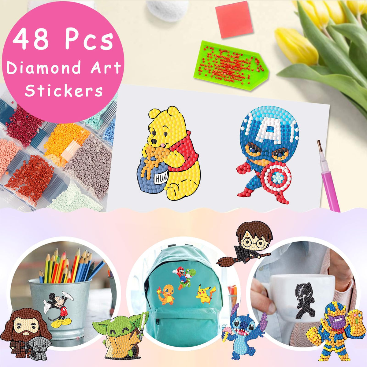 KOJEFCV 48 Pcs Cartoon Diamond Art Painting Sticker Kits for Kids-Cartoon Diamond Gem Stickers Kit,5D Gem Art Stickers Mosaic for Kids Gift for Boys Girls 4-8-10-12 Years Old