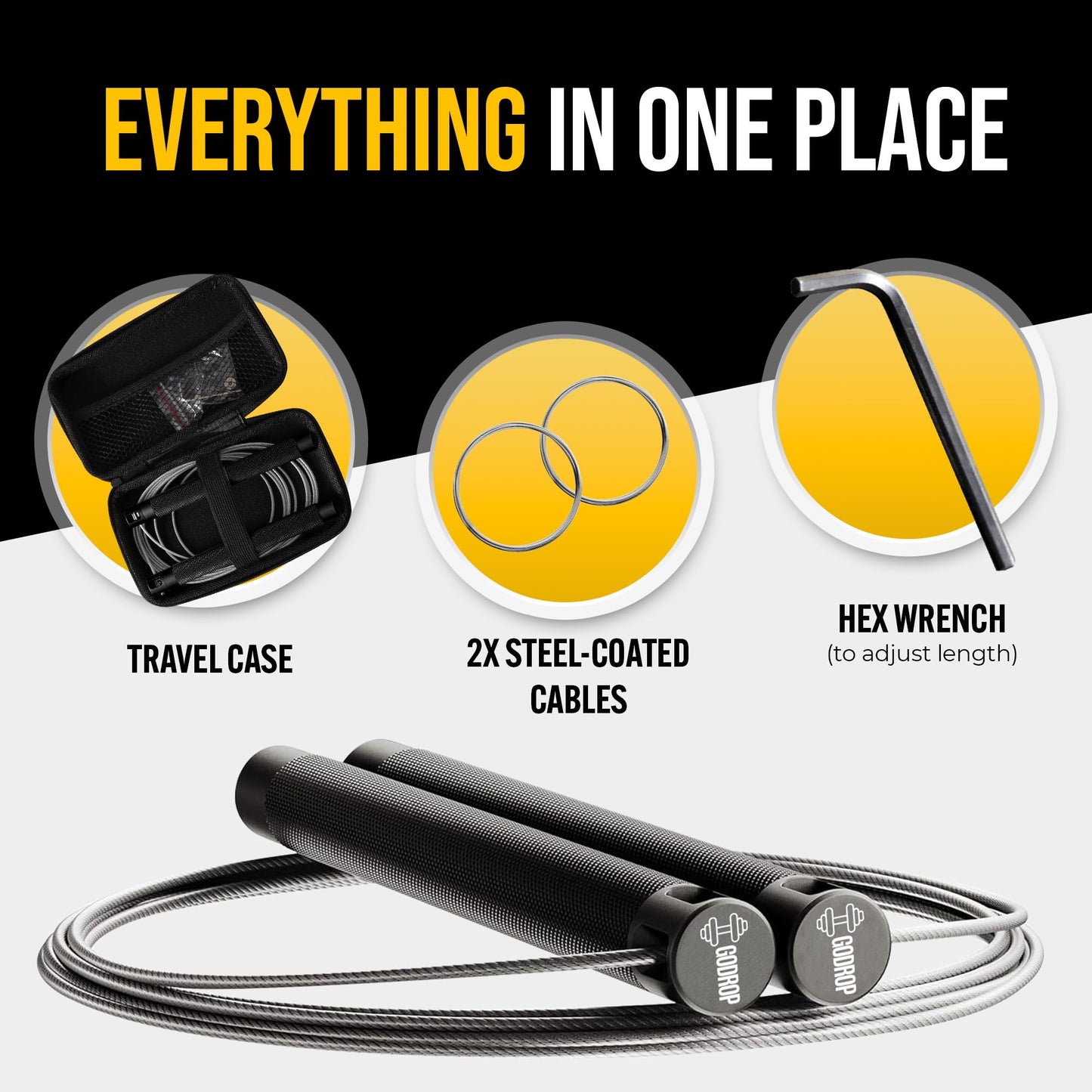 GODROP Jump Rope US- Adjustable Speed Jump Rope - 2x Steel Coated Ropes, Carrying Case - Aluminum Anti Slip Handles with Double Ball Bearings for Double Unders, CrossFit, Boxing & Home Workout for Men & Women