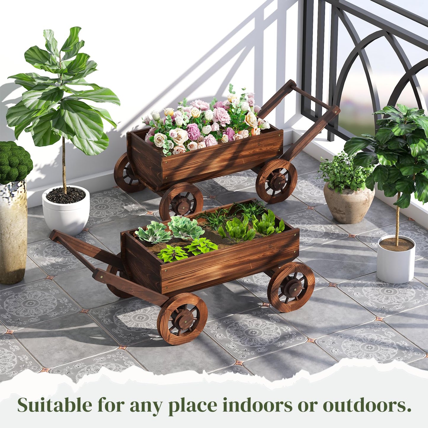 PULIJIAJU Wooden Wagon Garden Planter Cart with Wheels Rustic Flower Pot – Indoor Outdoor Patio Backyard Balcony Decor for Flowers and Plants（Large