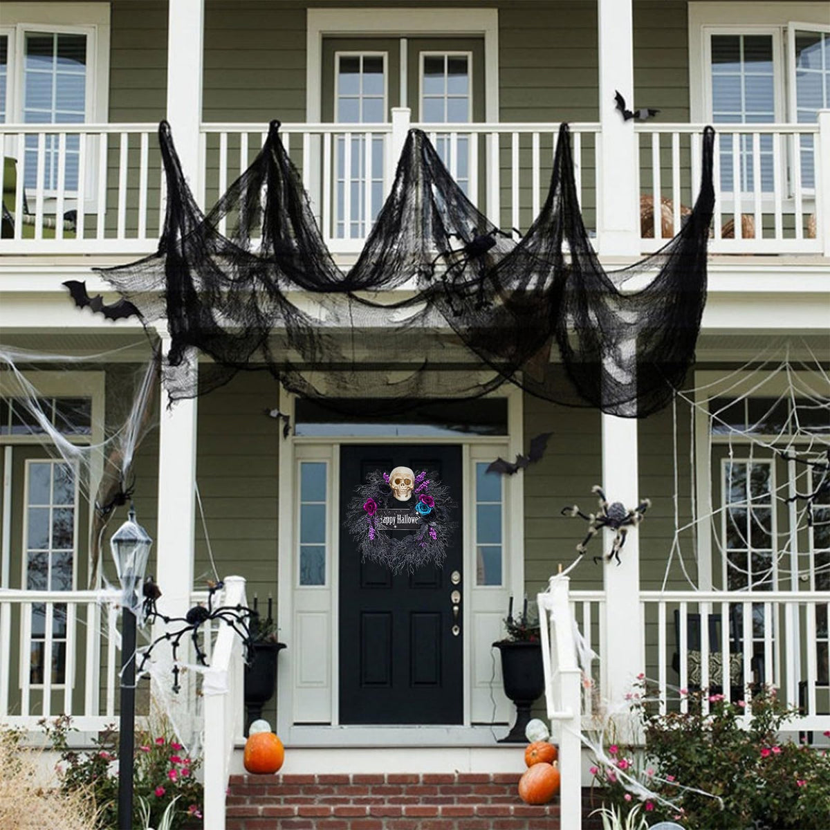 22 in Halloween Wreath for Front Door, Halloween Skull Wreath with Lights, Spooky Halloween Wreaths with Black, Blue, Purple Flowers, Indoor/Covered Outdoor Halloween Props Decoration