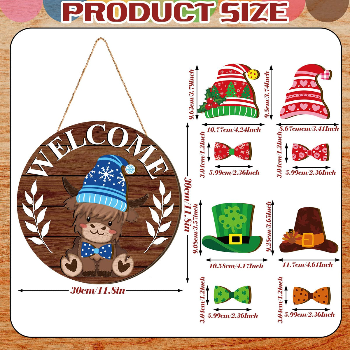 GlikCeil 33 Pcs Holiday Interchangeable Highland Cow Welcome Sign Highland Cow Seasonal Wooden Hanging Door Decor Patriotic Farmhouse Hanging Sign for Front Door Graduation Decor(Brown Grain)