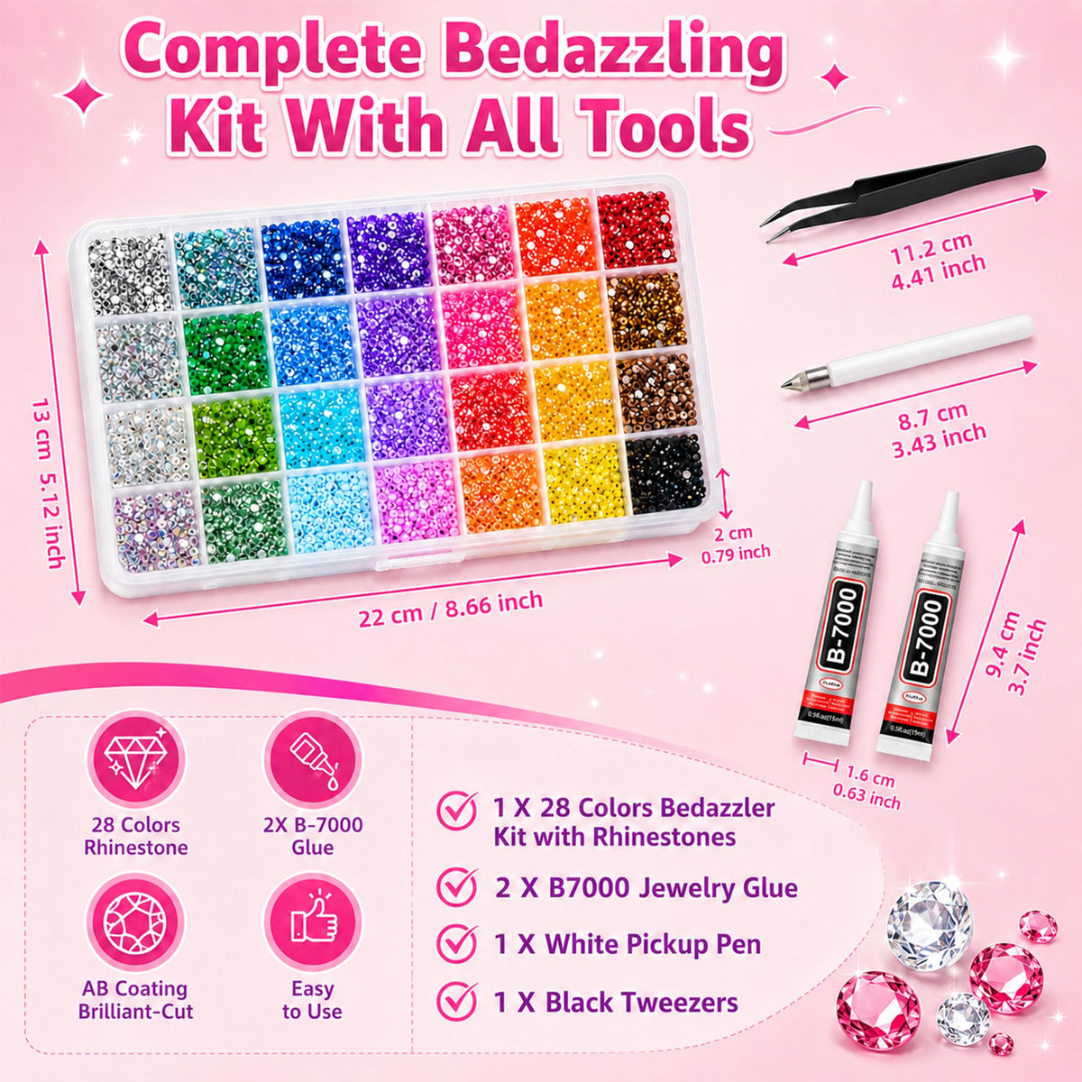 Vexorith Anti-Spill Rhinestone Bedazzling Kit, 35000pcs 28-Color High-Shine AB Coating Flatback Resin Rhinestones with B7000 Glue and Tools, Organizer Case for DIY Phone Cases, Clothes, Sneakers
