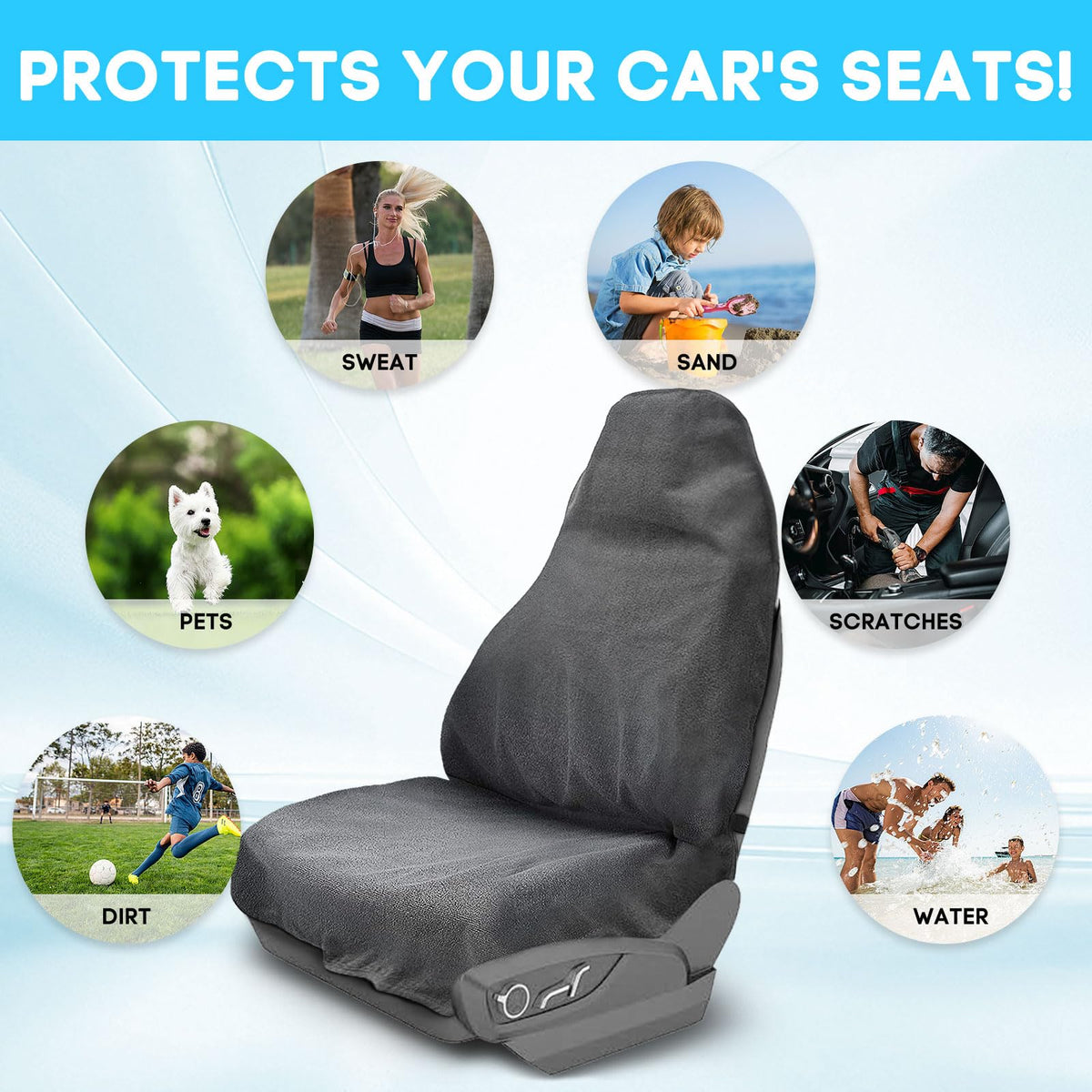 Waterproof Sweating Front Car Seat Cover Protector for Gym Workout, Running, Swimming, Beach and Hiking, Universal Fit Bucket Seat Covers for Cars SUV Trucks, Machine Washable, Non-Slip (Gray, 2Pcs)