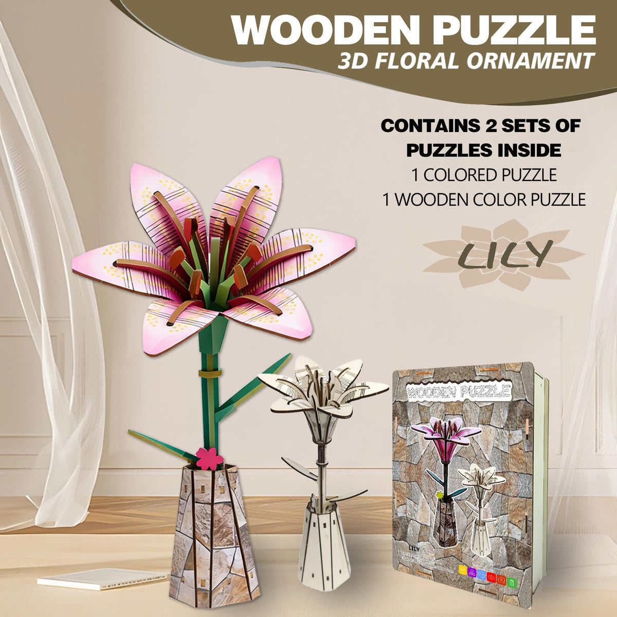 LYYHUWJIE 3D Flower Puzzle for Adults, Lily DIY Wooden Flower Crafts Set, Artificial Flower Model Kit to Assemble, Creative Adult Craft Kit for Women, Desk Decor & Mother’s Day Gift