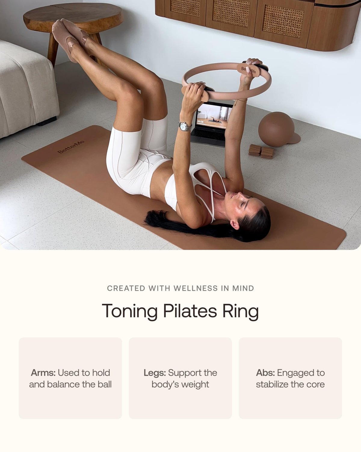 BetterMe Toning Pilates Ring – Magic Circle Pilates Ring for Strength & Flexibility – 15 Inch Fitness Ring for Home Pilates & Yoga Workouts (Ivory)