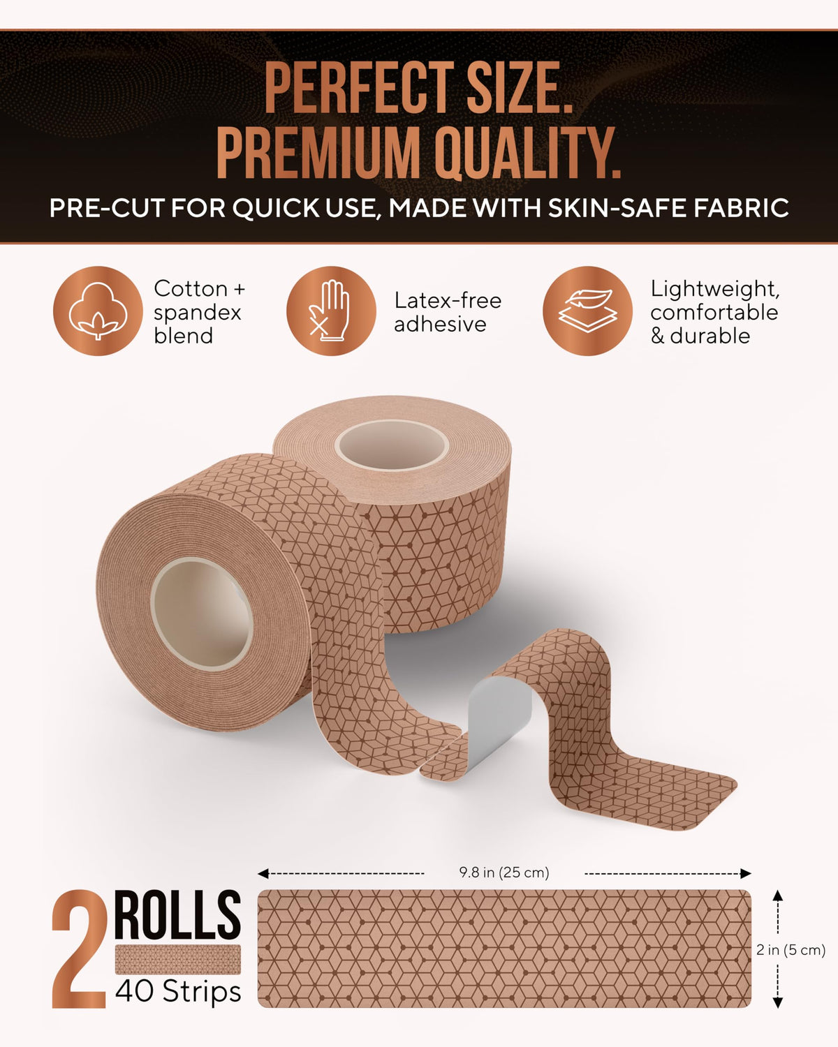 TheraCopper Copper Infused Kinesiology Tape – 2 Rolls (40 Precut Strips) – Advanced Waterproof Kinesiology Tape for Shoulder, Elbow, Bowling Wrist, Weightlifting, Muscle Strain & Joint Support (Tan)