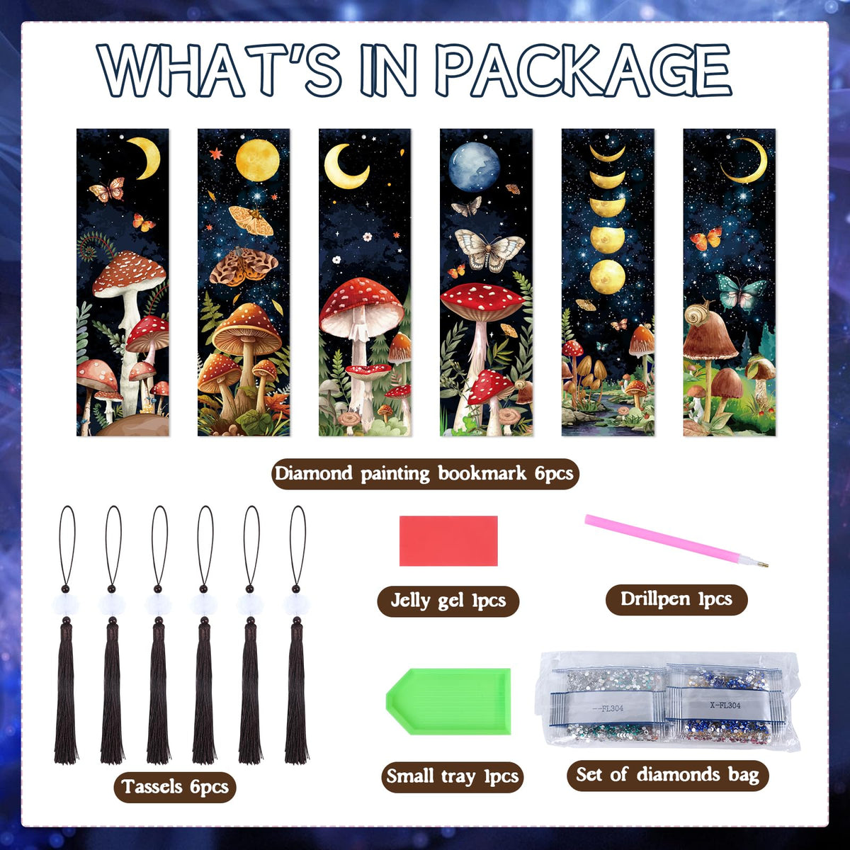 Sitsink Mushroom Diamond Art Kits - 6 Pcs Crescent Moon Mushroom Diamond Art Bookmarks with Tassels, Acrylic Bookmark Diamond Painting Kits for Adult, Boho Diamond Book Markers