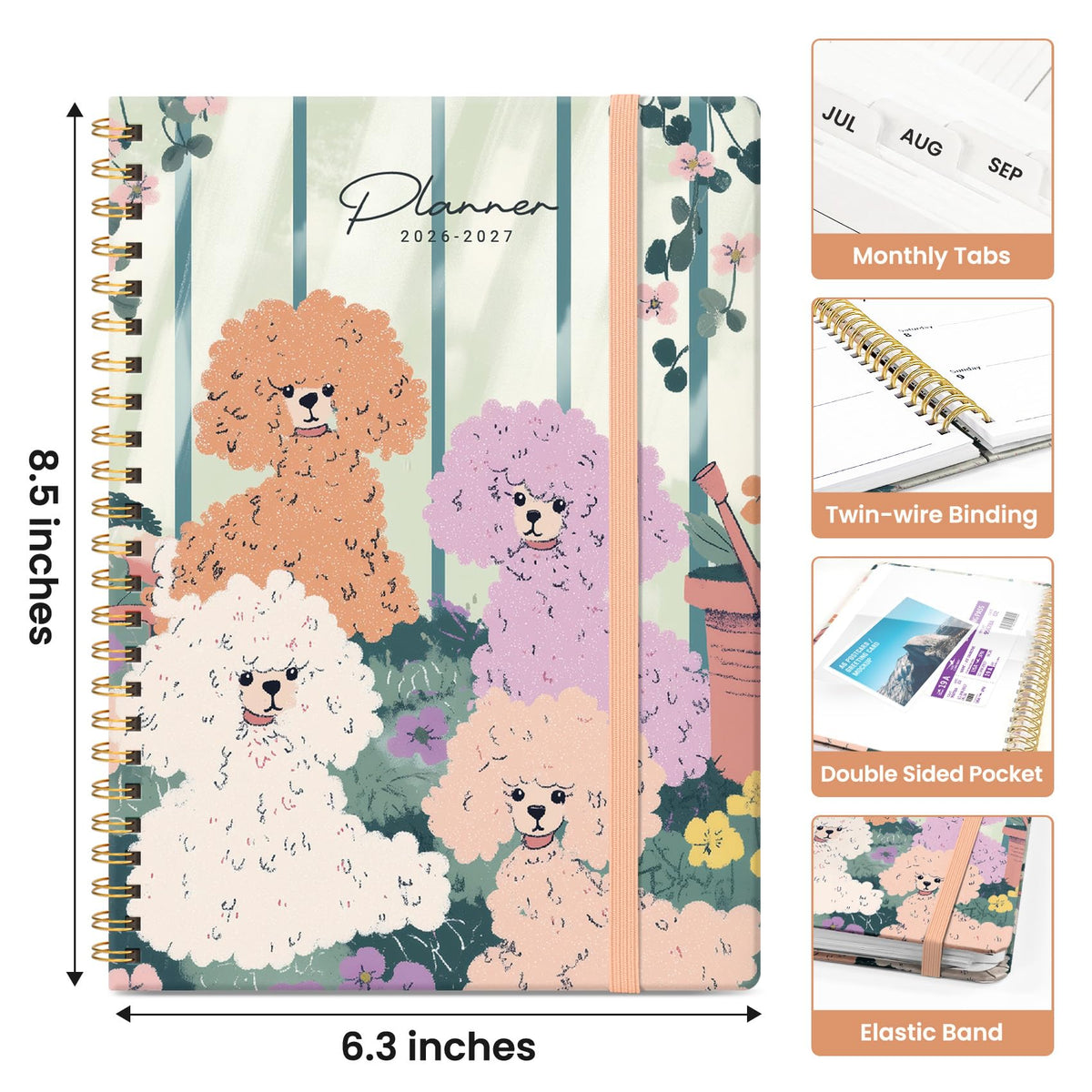 Planner 2026–2027, Weekly & Monthly Academic Organizer for School Year, Jul 2026–Jun 2027, Hardcover Planner with Tabs, Back to School Essential, 6.3" x 8.5", Poodle Garden
