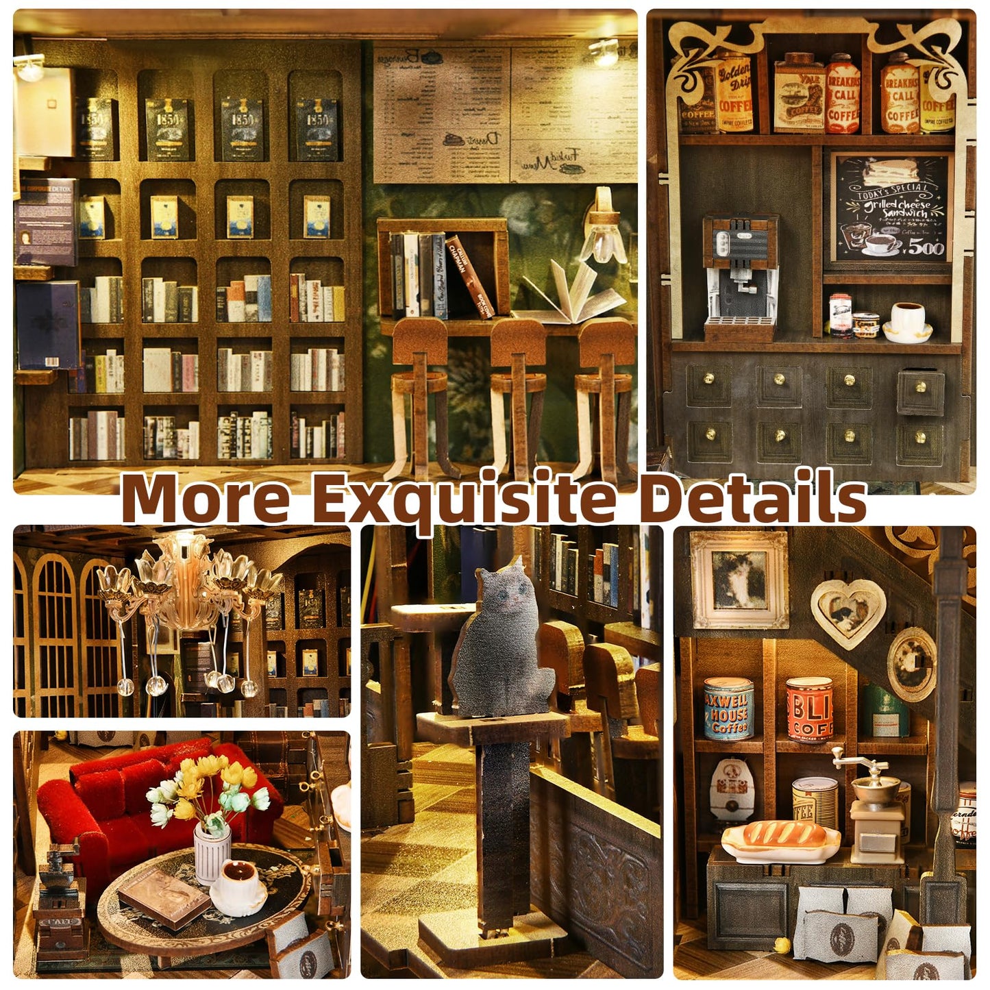 CCCDF Book Nook Kit - DIY Miniature House Coffee Shop Dollhouse Kit for Adults and Teens, 3D Wooden Puzzle Booknook Tiny House Bookshelf Decor, Gifts for Family, Friends (Saison Café)