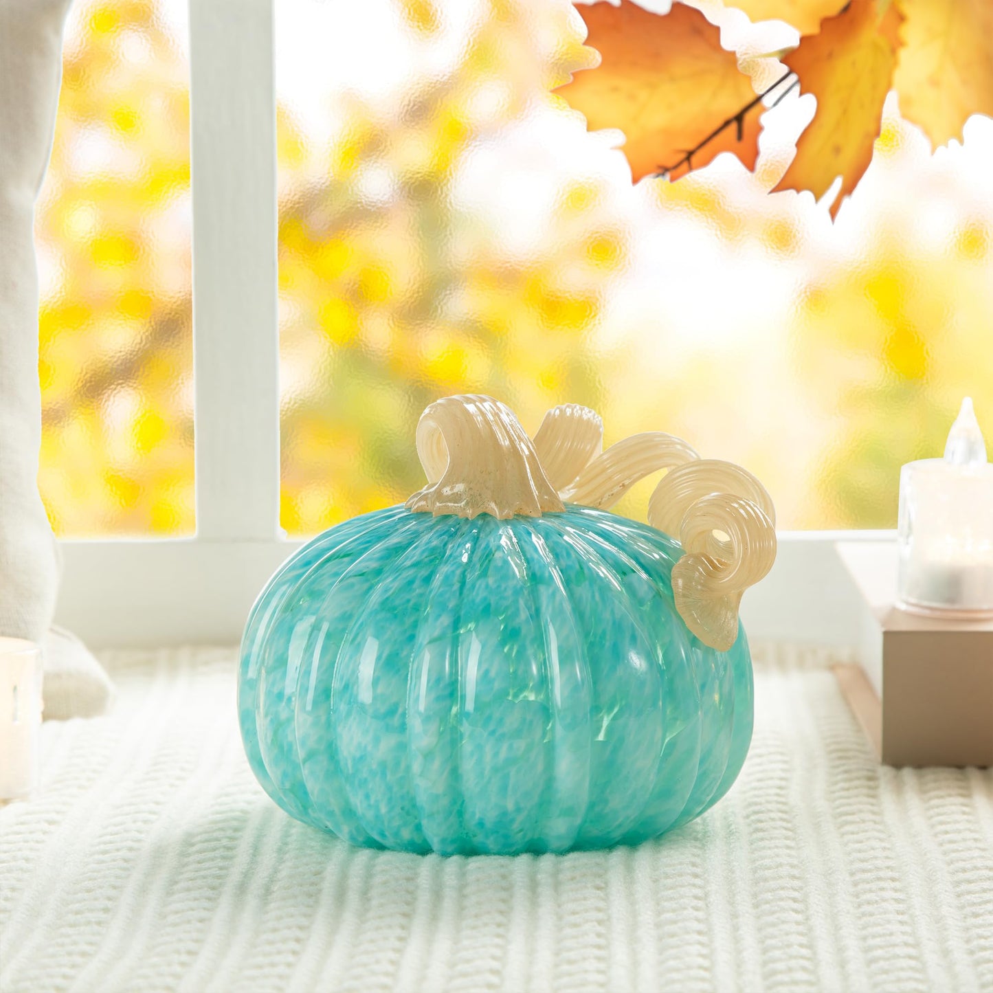Glitzhome Hand Blown Glass Pumpkin Decor 5" Turquoise - Artisan Fall Harvest Thanksgiving Table Centerpiece Halloween Home Decor
