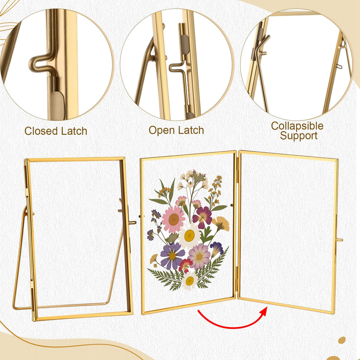 Vicenpal 5 Pack Glass Pressed Flower Frame Handmade, 5 x 7 floating Picture Frames for Pressed Flowers, Brass Double Glass for Tabletop Display, Home Office Plant Specimen, Photos(Gold)