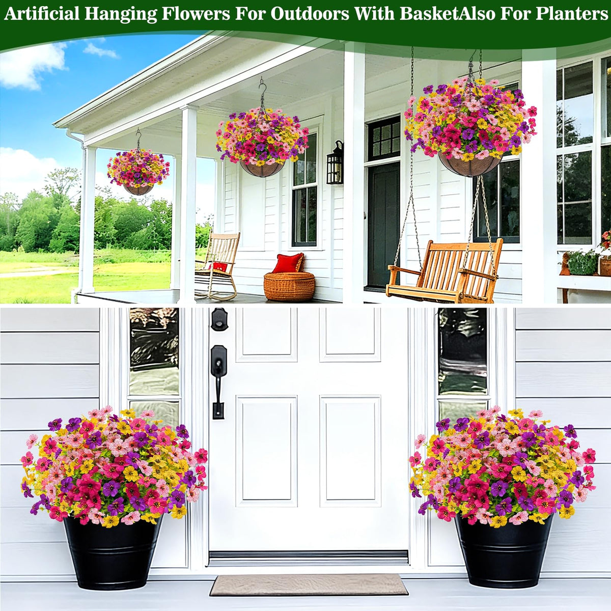 Grandeal 2 Sets Artificial Hanging Plants Flowers Basket Outdoor, Fake Hanging Plants 24 Pcs Flowers for Porch Patio Garden Home Decor for Spring Summer (Red, Purple, Yellow, Rose Red)