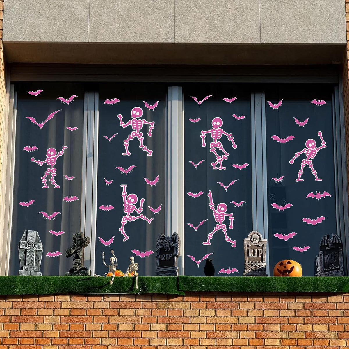 Halloween Wall Decals and Skeleton Window Clings - 6 Sheets 43 Pcs Removable Pink Ghost Bat Wall Stickers for Mirrors, Windows, Home Bedroom Party Decor