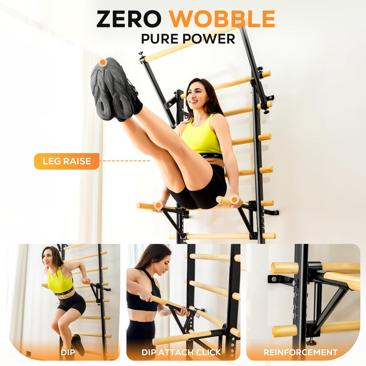 GymYard Swedish Ladder, Wood Stall Bar, Swedish ladders Wall Gym Adult, Adjustable Pull Up and Dip Station for Adults and Kids, 9-Anchor Solid Pine, Home Fitness